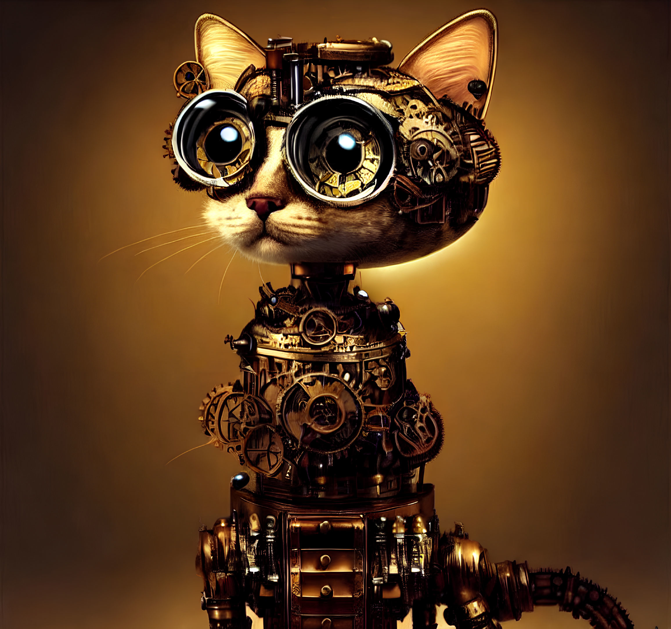 Steampunk-style robotic cat with gears and goggles on golden background