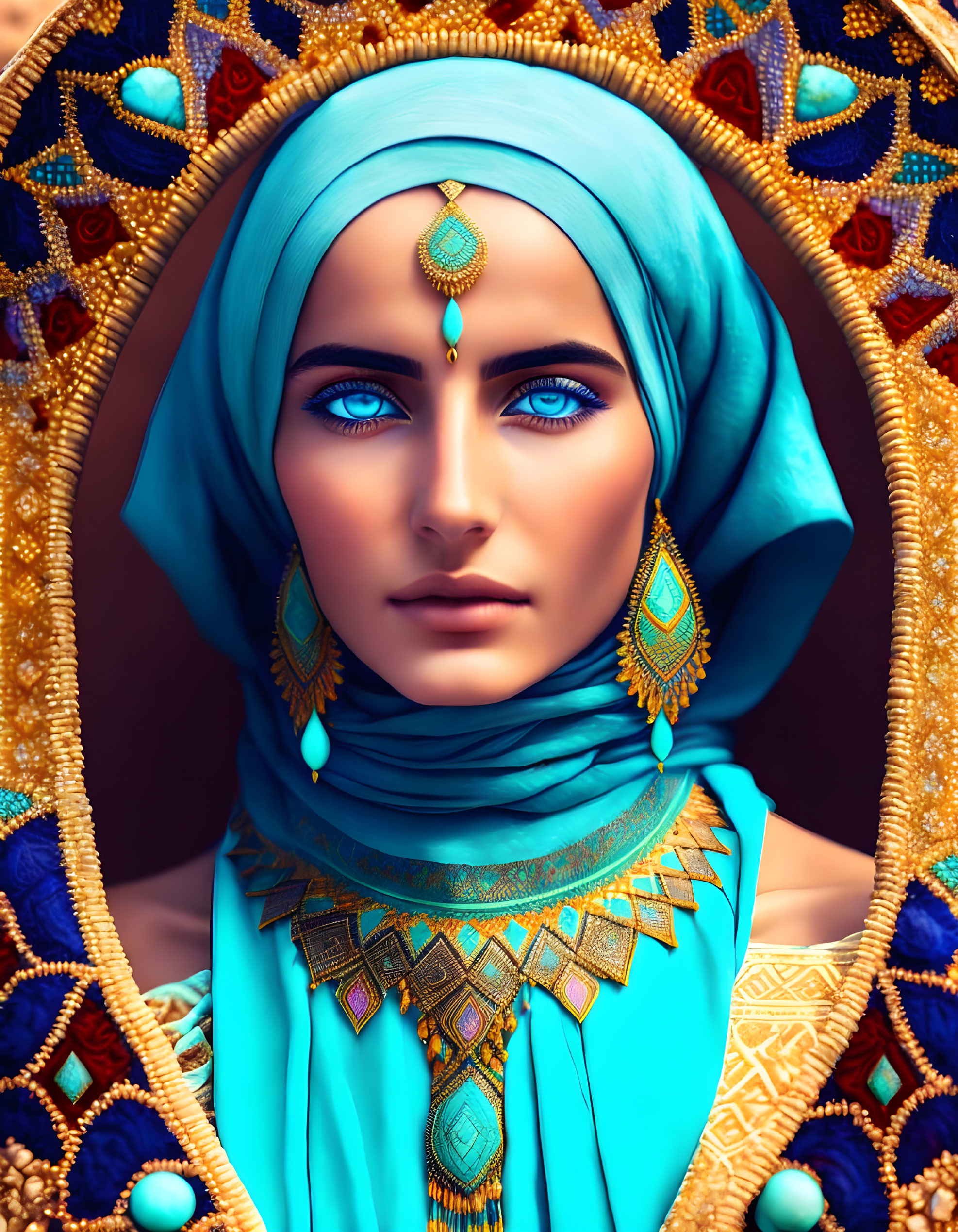 Woman portrait: Blue-eyed, turquoise headscarf, gold-teal jewelry, golden background