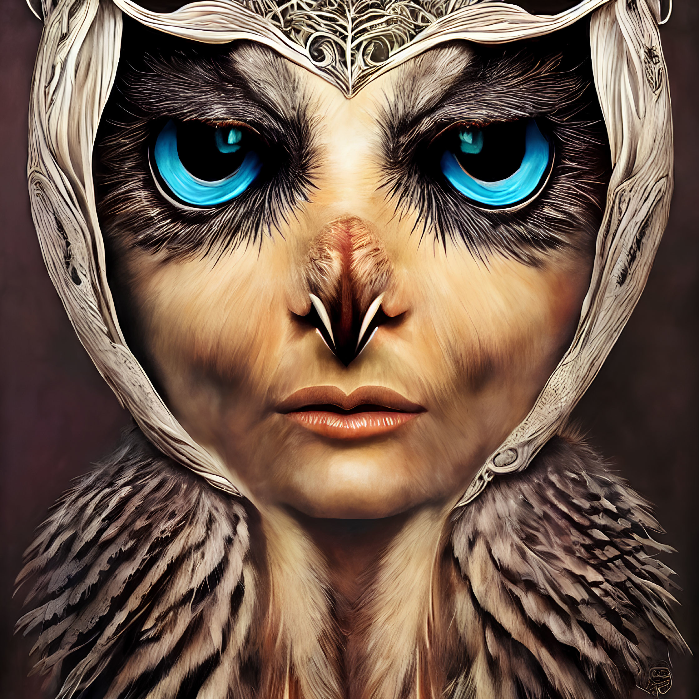 Surreal portrait with human and owl features, blue eyes, and feathered textures