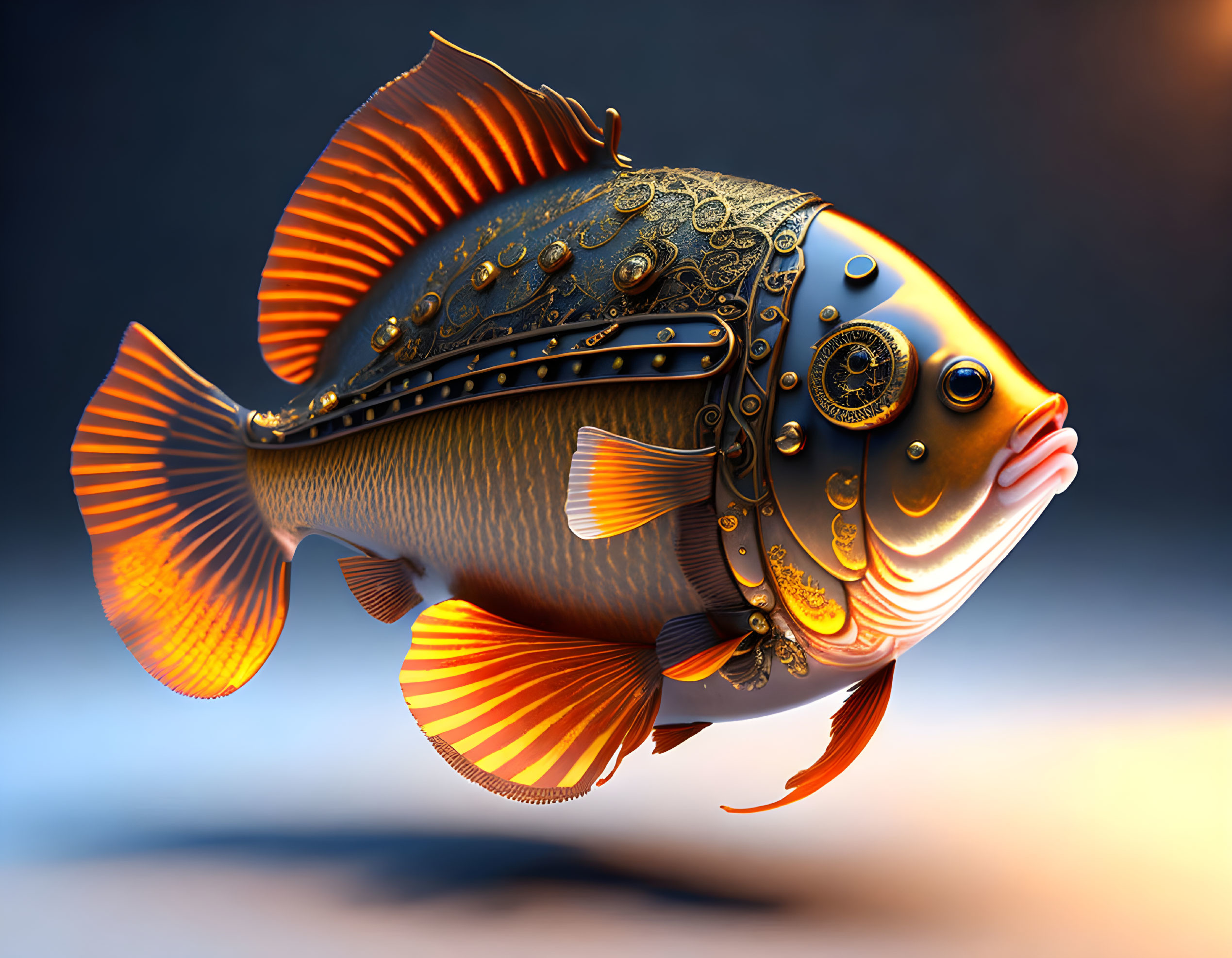 Steampunk-style mechanical fish with orange fins and intricate metal details on soft-focus blue and orange background