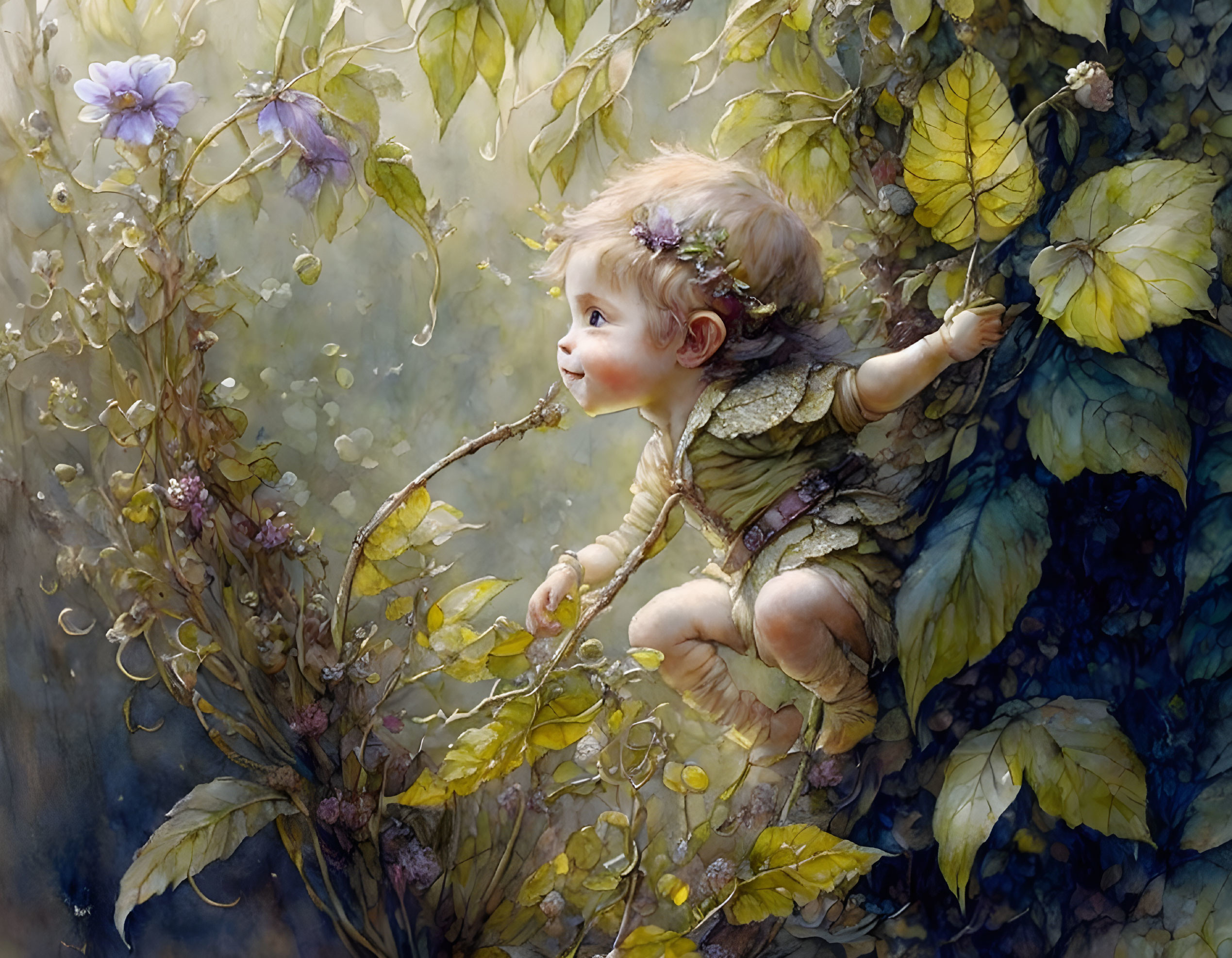 Baby fairy in magical garden with delicate wings.