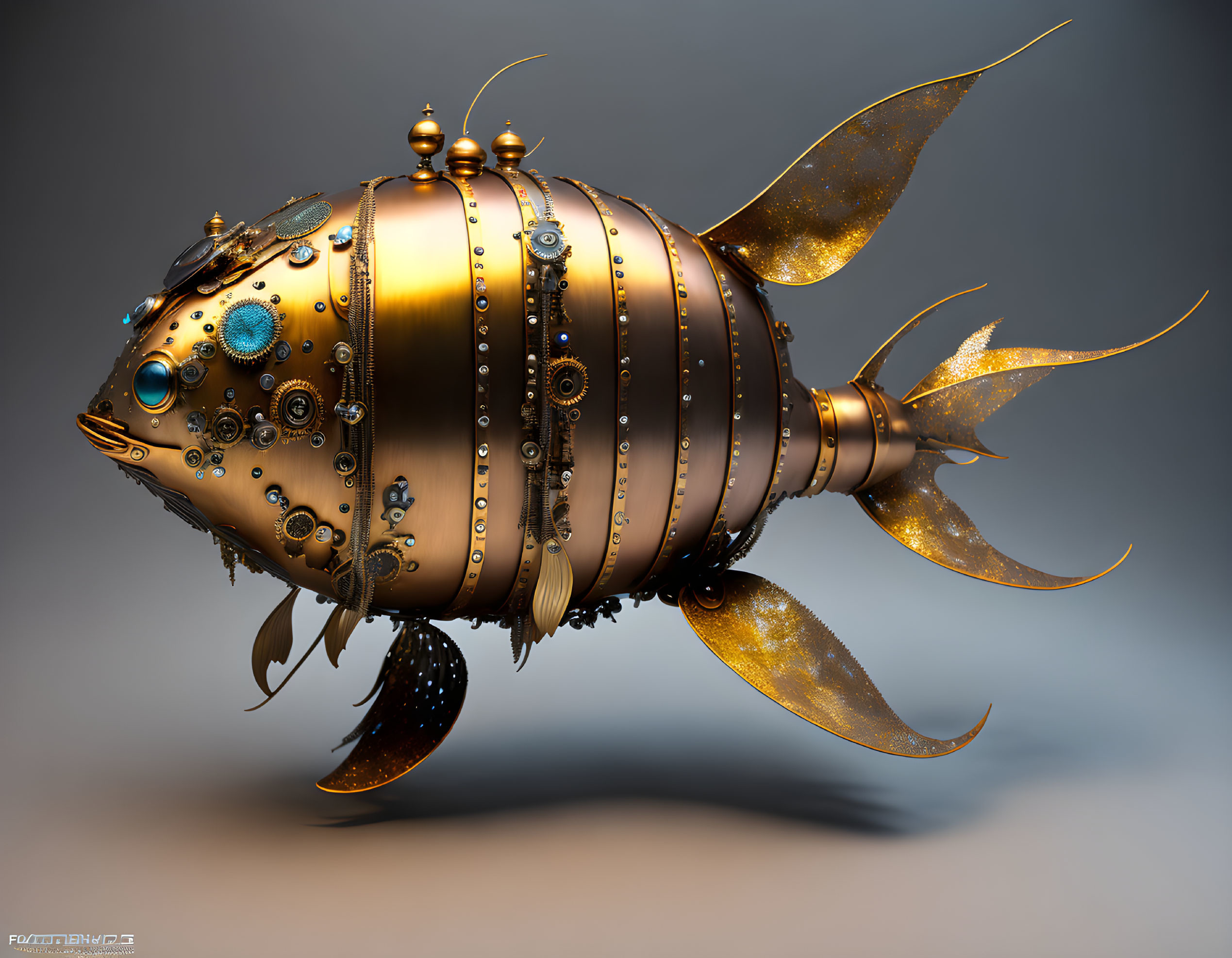 Steampunk-inspired mechanical fish illustration with brass body and delicate fins