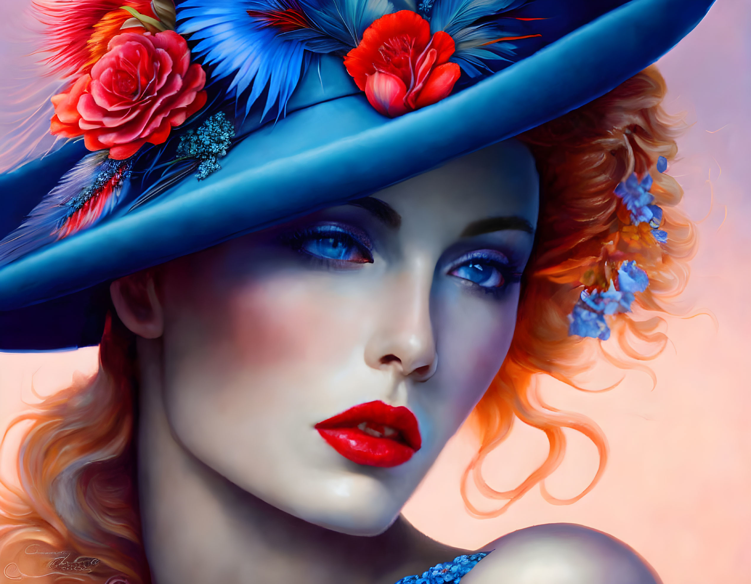 Vivid Portrait of Woman with Red Hair and Striking Blue Hat