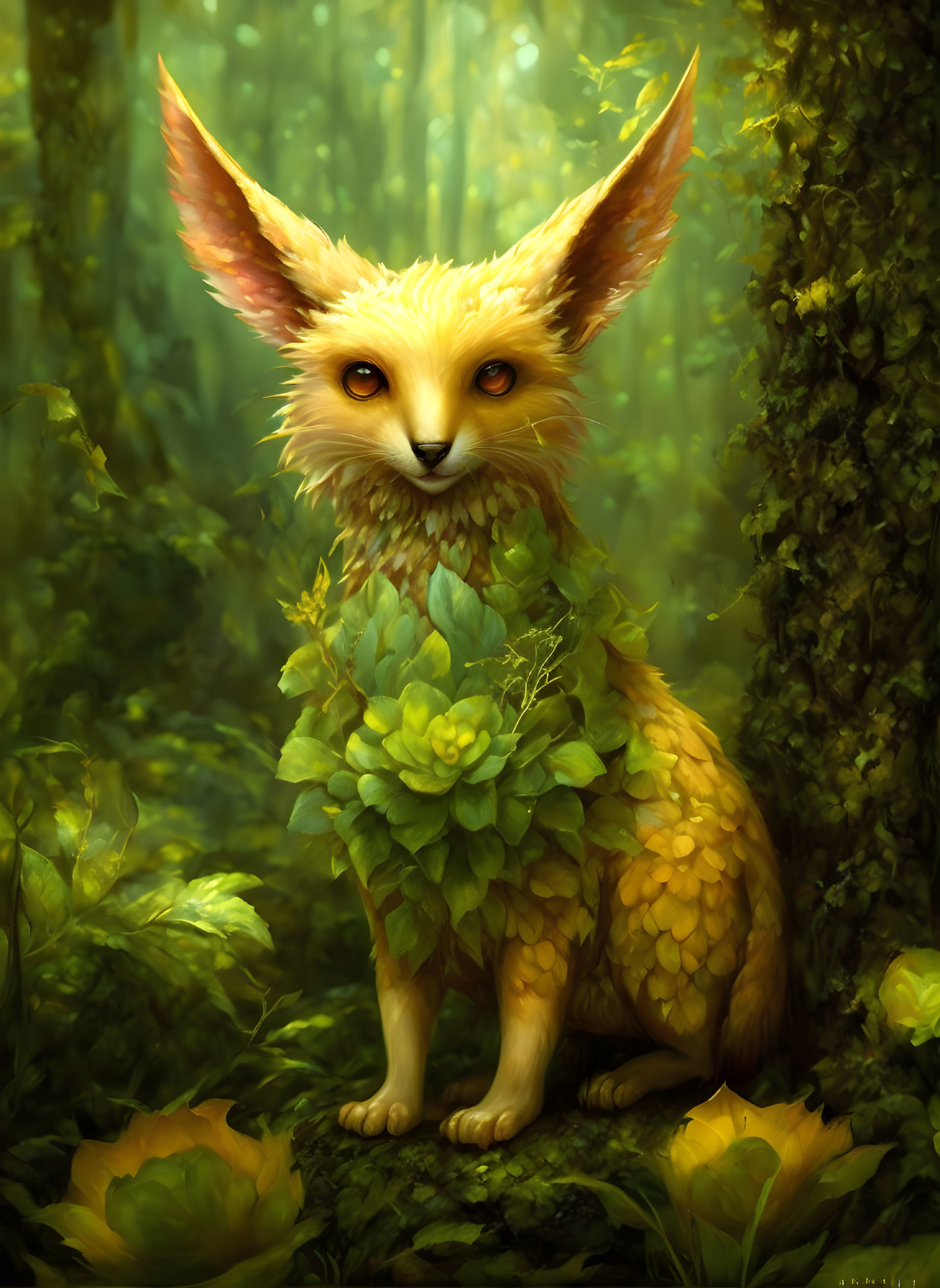 Golden-furred fox-like creature with leafy green foliage in enchanted forest