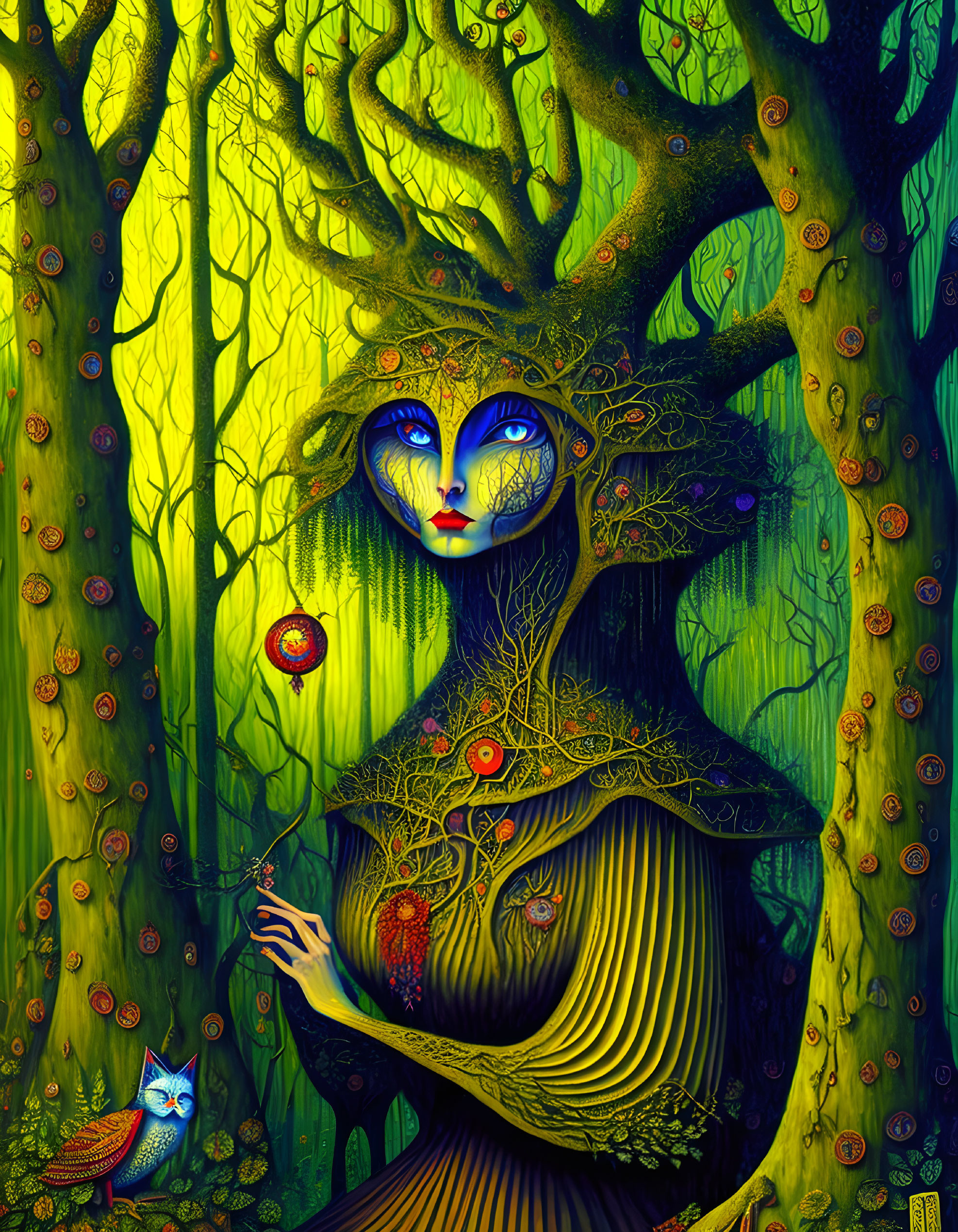 Mystical tree-like woman with blue face in vibrant forest with owl