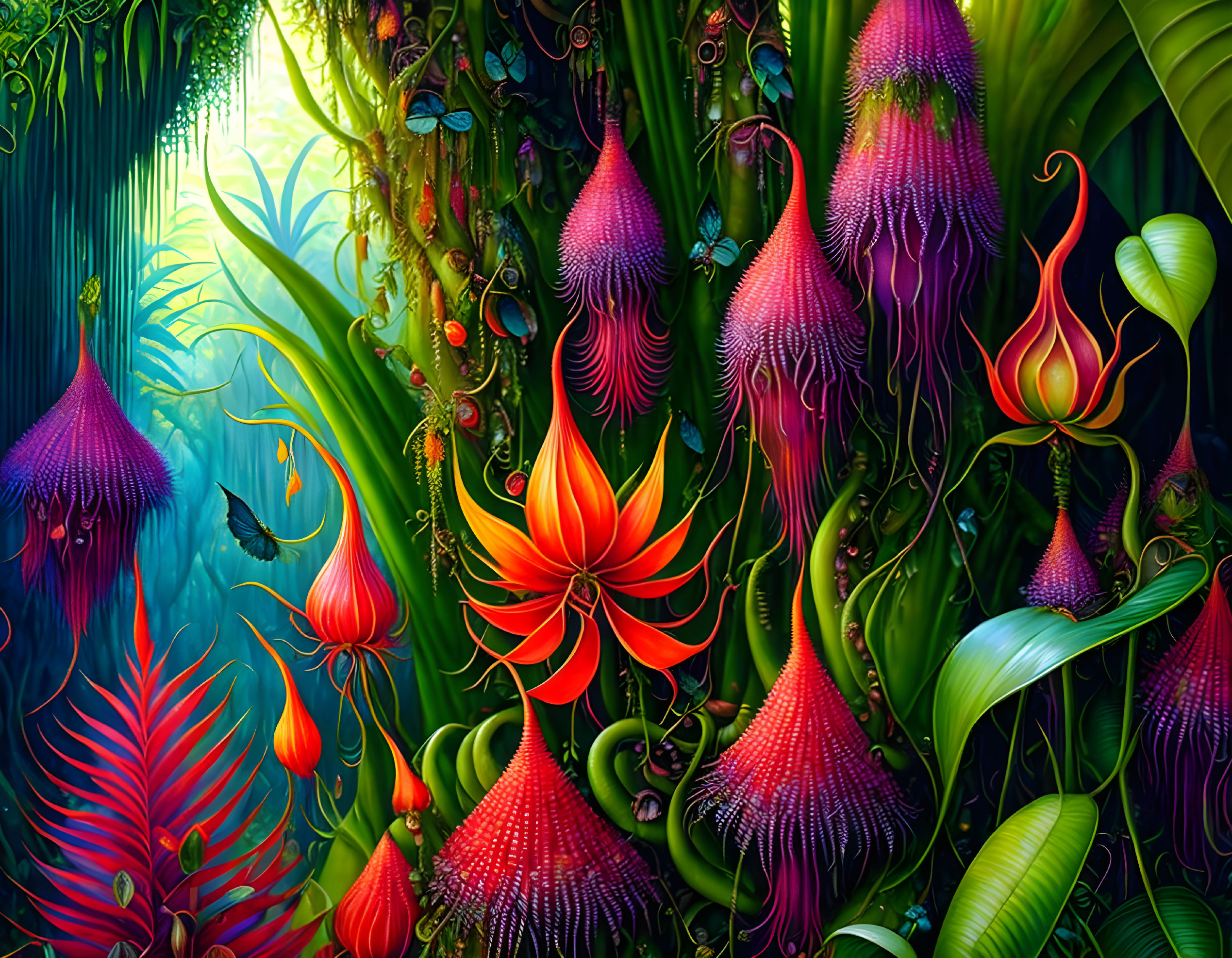 Colorful surreal jungle with neon plants & alien-like flora