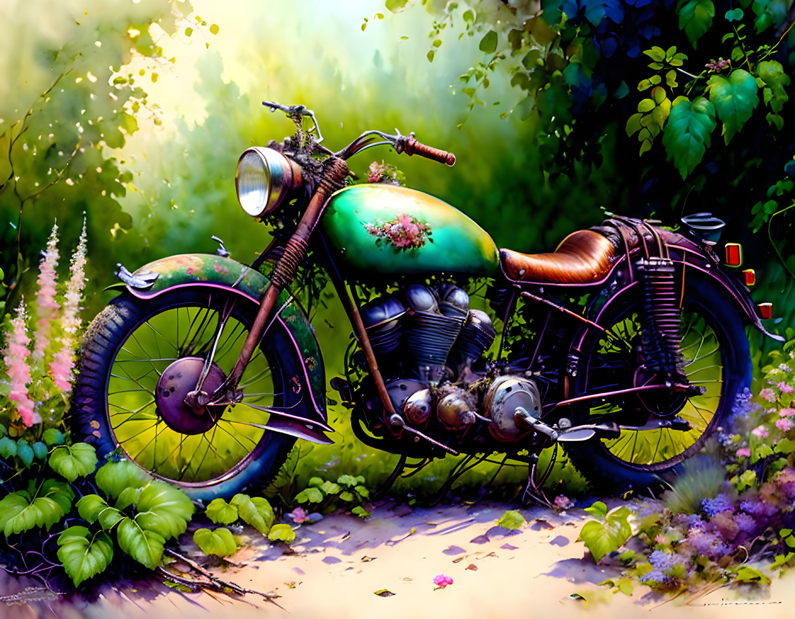 Vintage Motorcycle Surrounded by Lush Greenery and Colorful Flowers