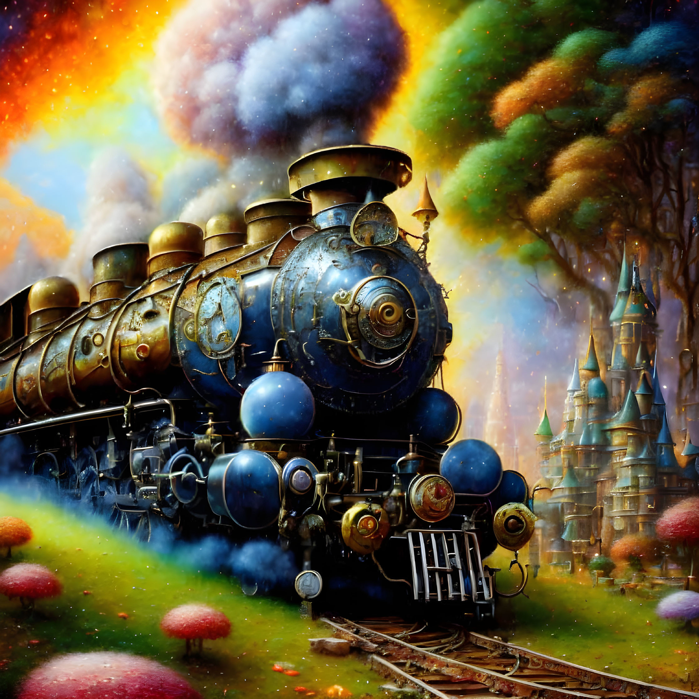 Colorful Steam Locomotive Racing Through Whimsical Landscape