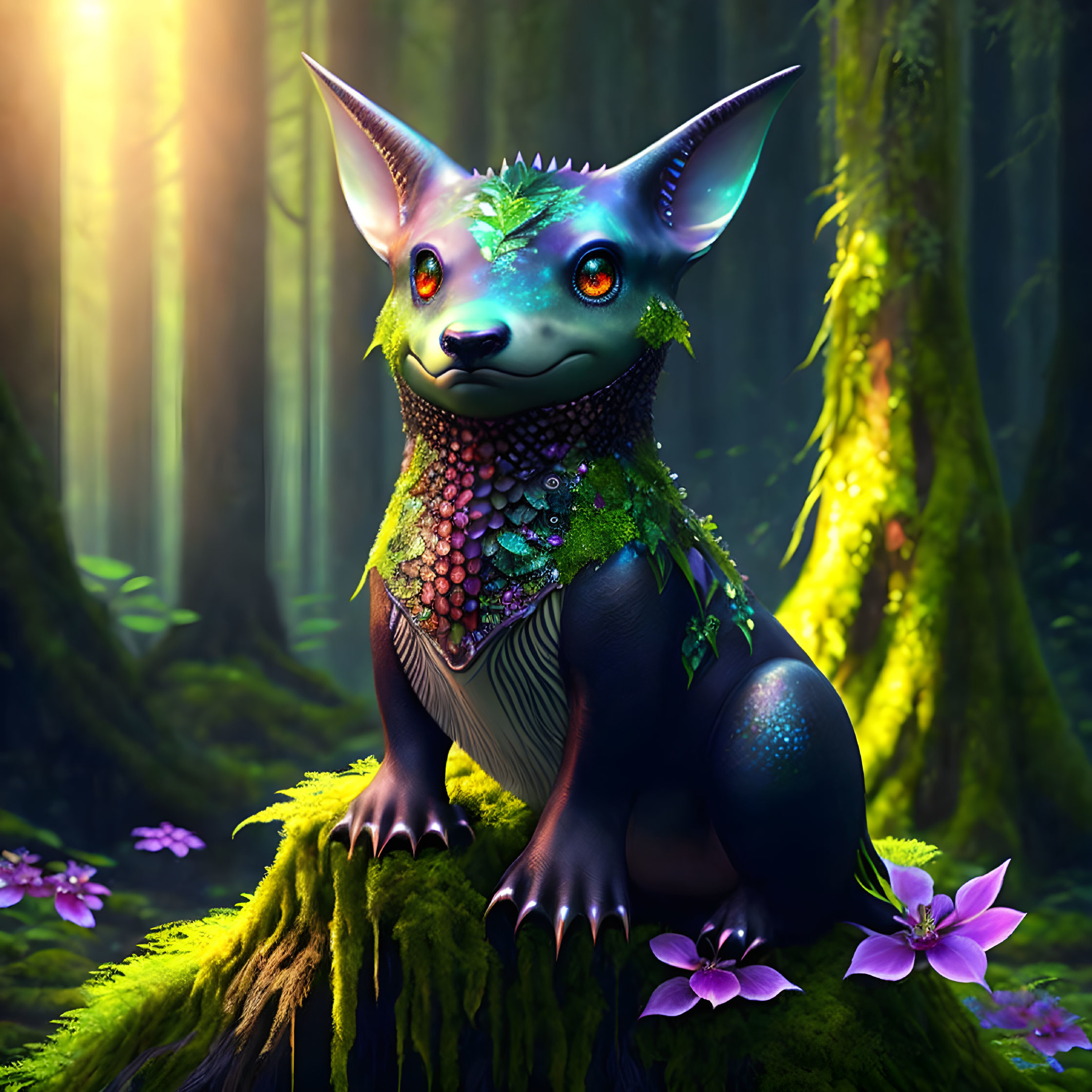 Enchanted forest scene with mystical creature and vibrant flora