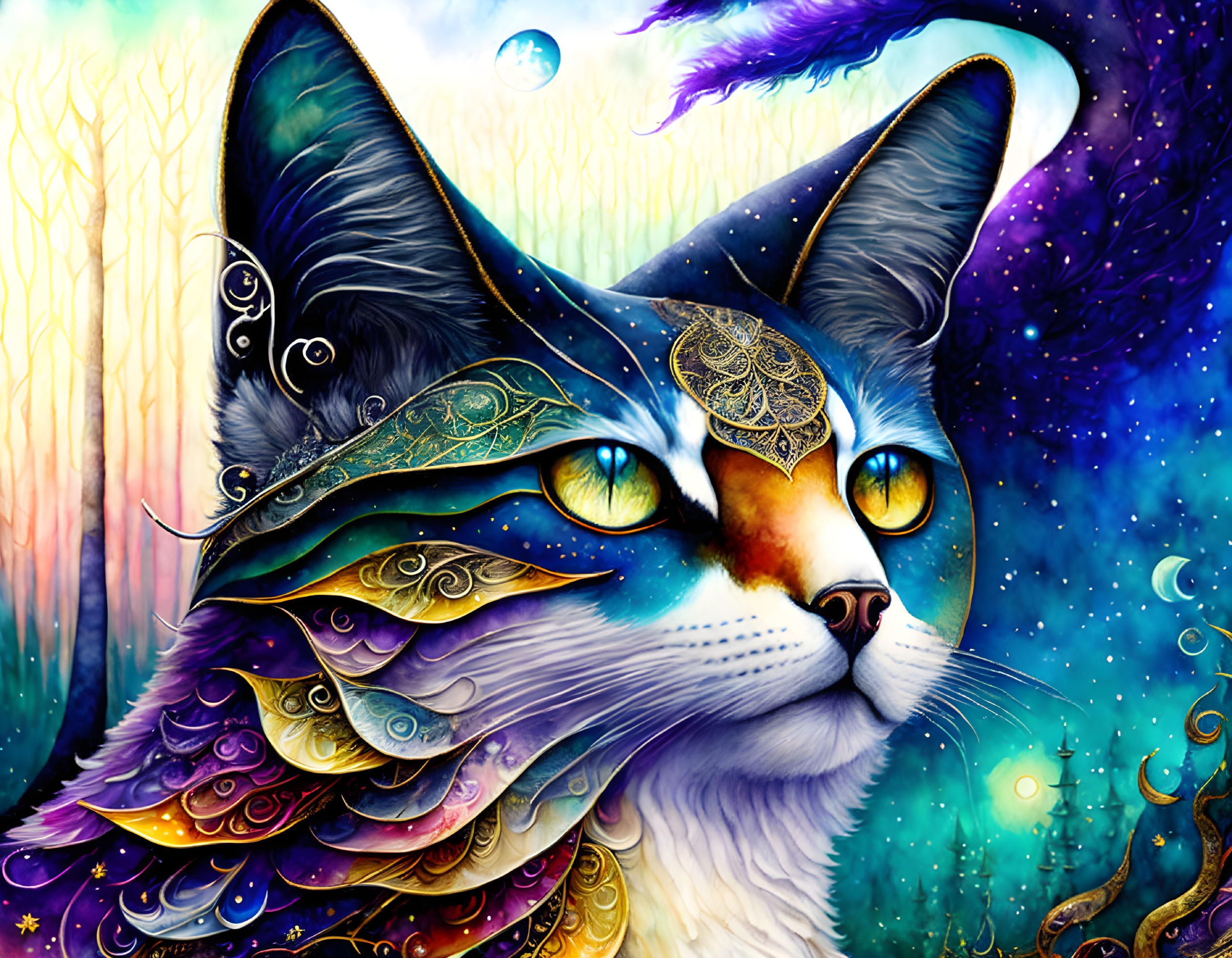 Colorful Artwork: Mystical Cat in Enchanted Forest