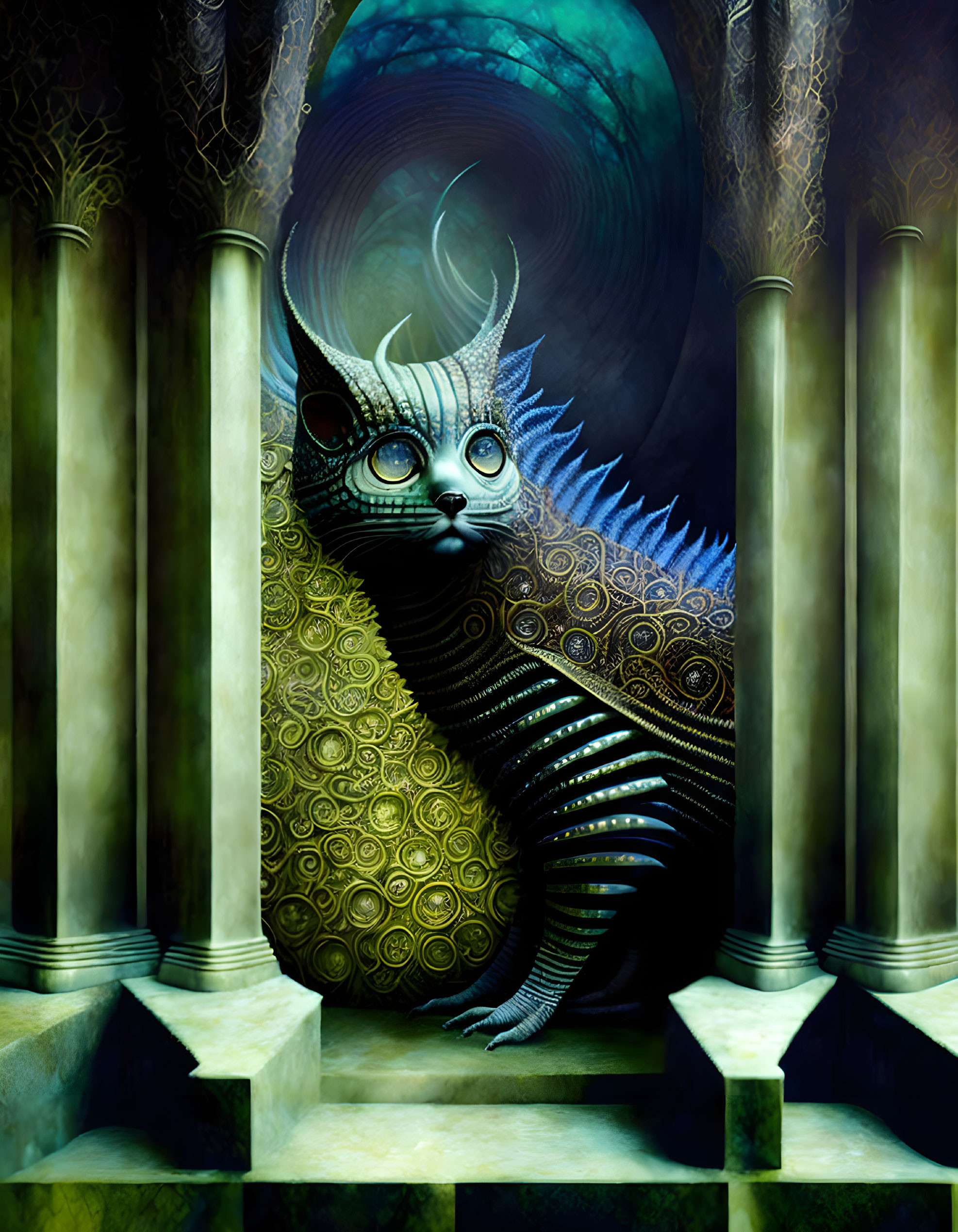 Intricate cat with ornate patterns in moonlit tunnel