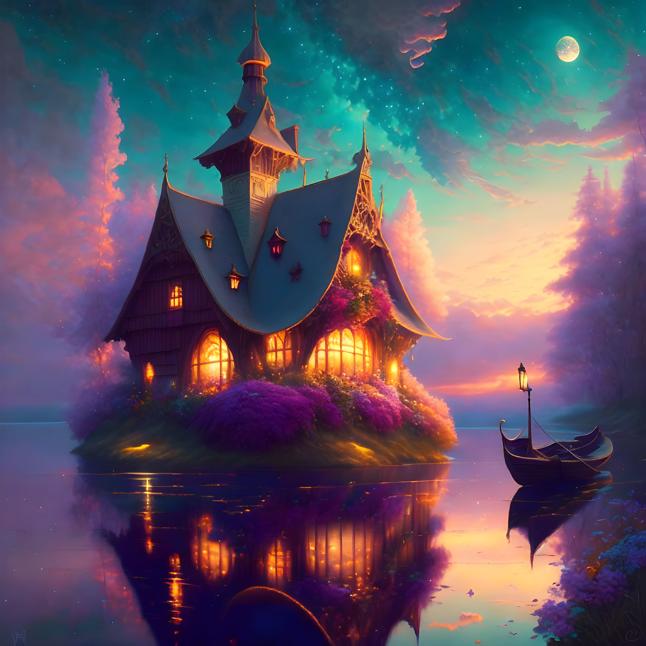 Enchanting twilight scene with cottage by calm lake and glowing moon