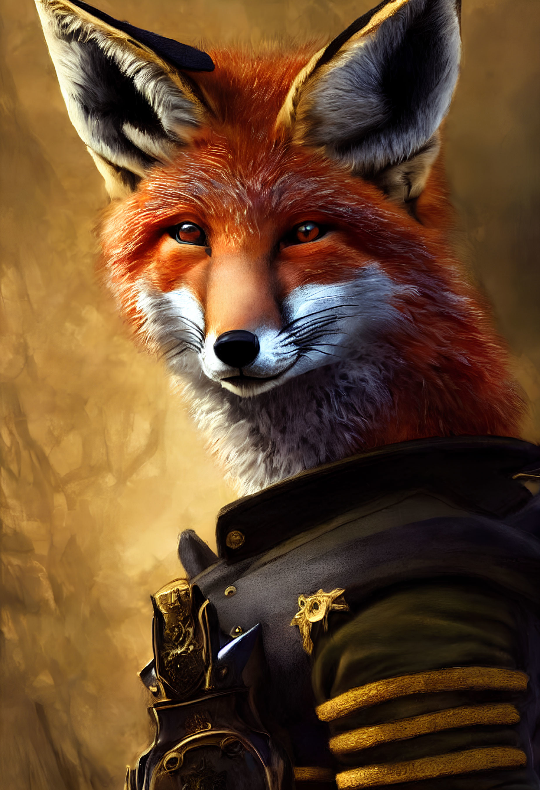 Detailed digital painting: anthropomorphized fox in military uniform