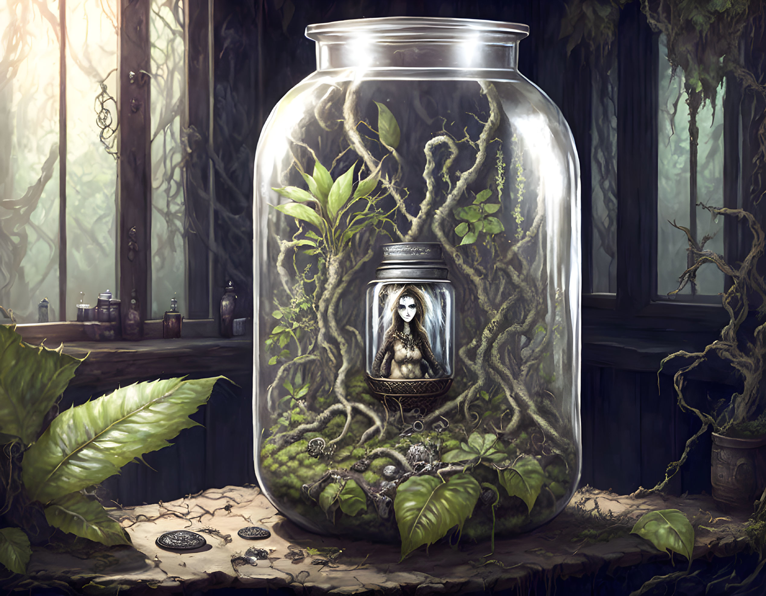 Jar with figurine in forest setting with potions and greenery