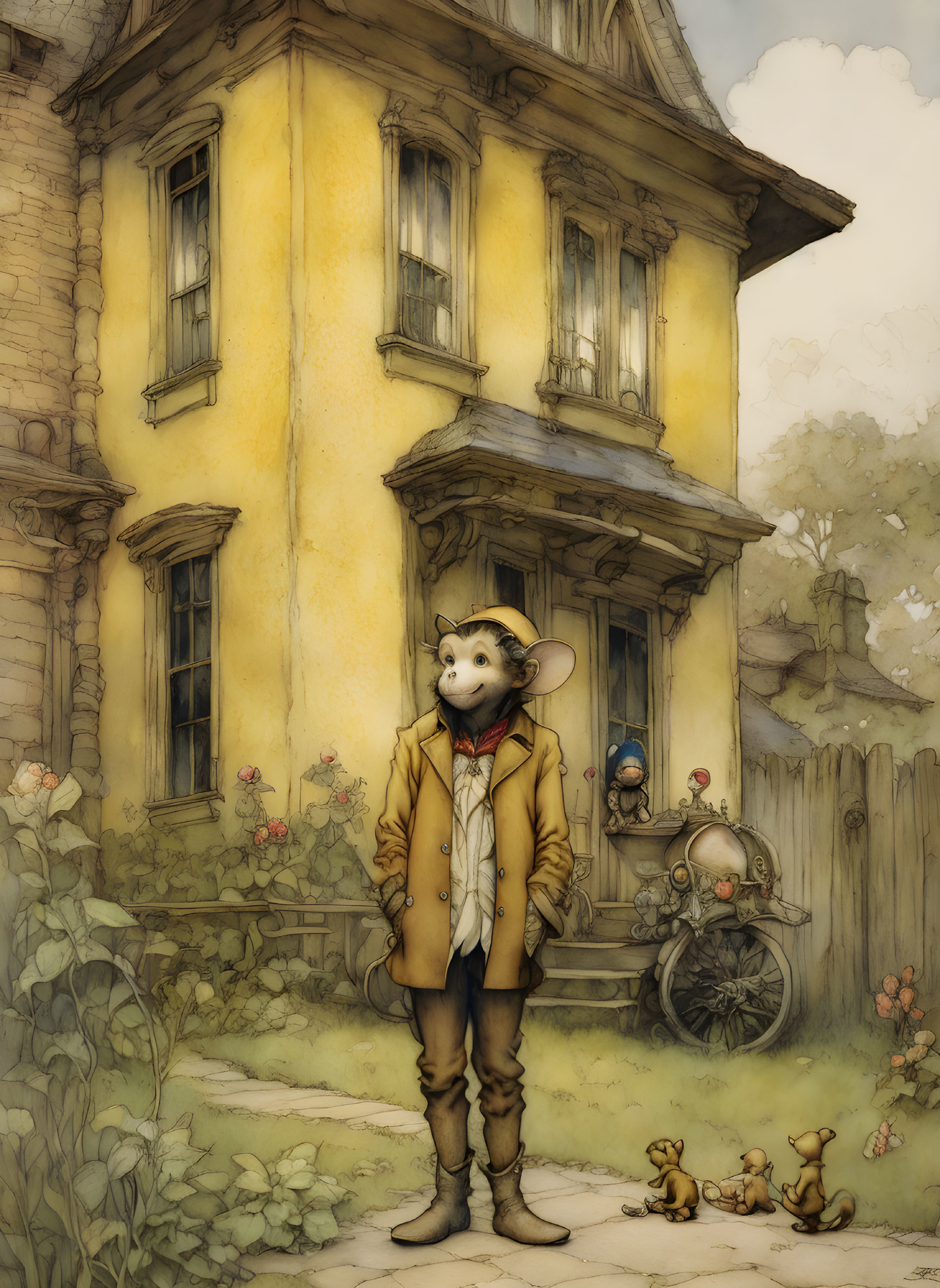 Anthropomorphic mouse in coat outside vintage yellow house with puppies and motorcycle in whimsical setting