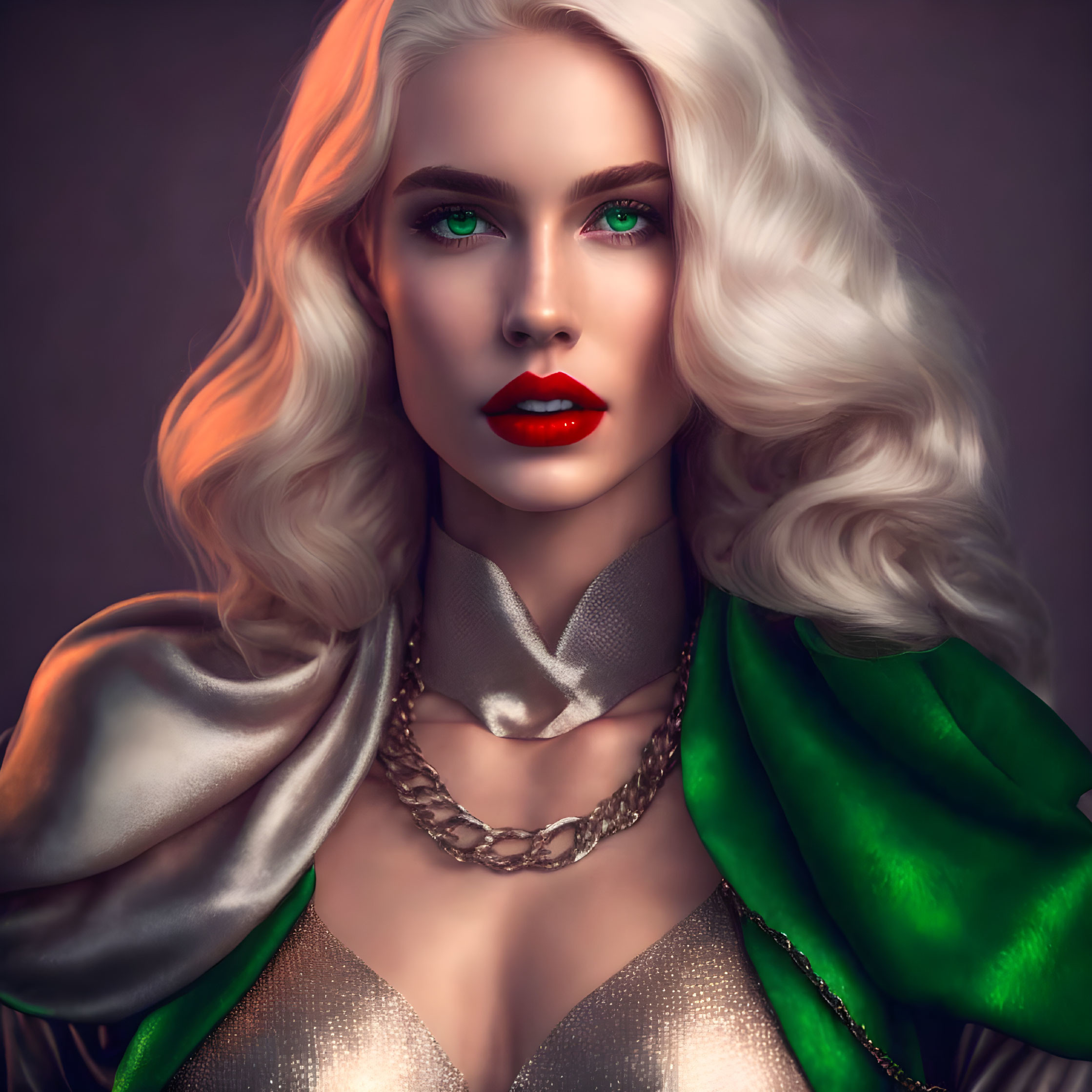 Platinum blonde woman in golden outfit with green eyes and red lipstick