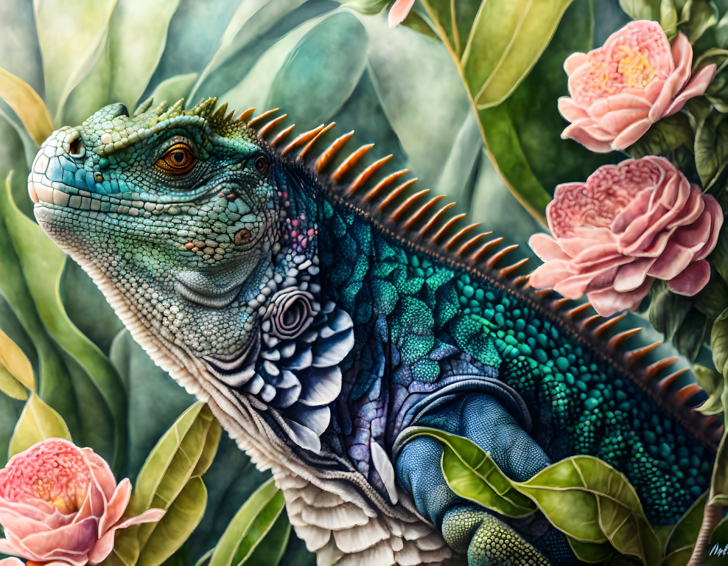 Detailed iguana illustration in vibrant green and blue hues among flowers