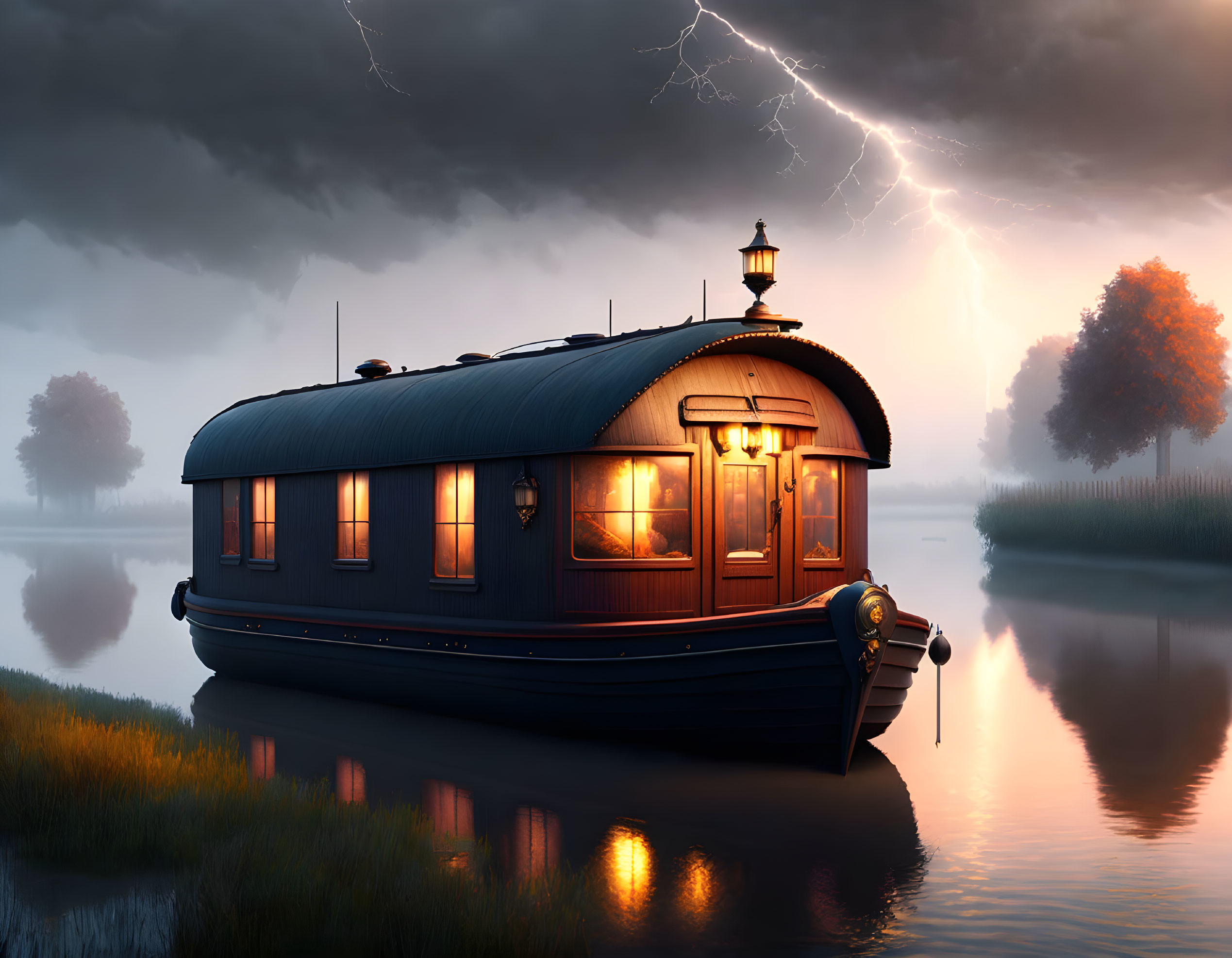 Houseboat on Calm Water Under Stormy Sky with Lightning