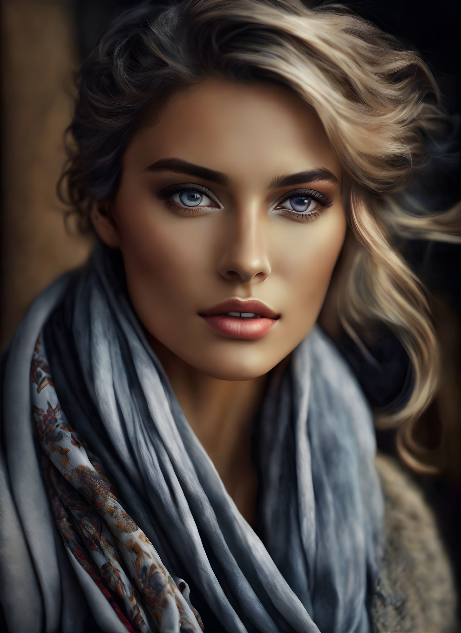 Close-up portrait of woman with blue eyes, blonde hair, fair skin, and floral scarf