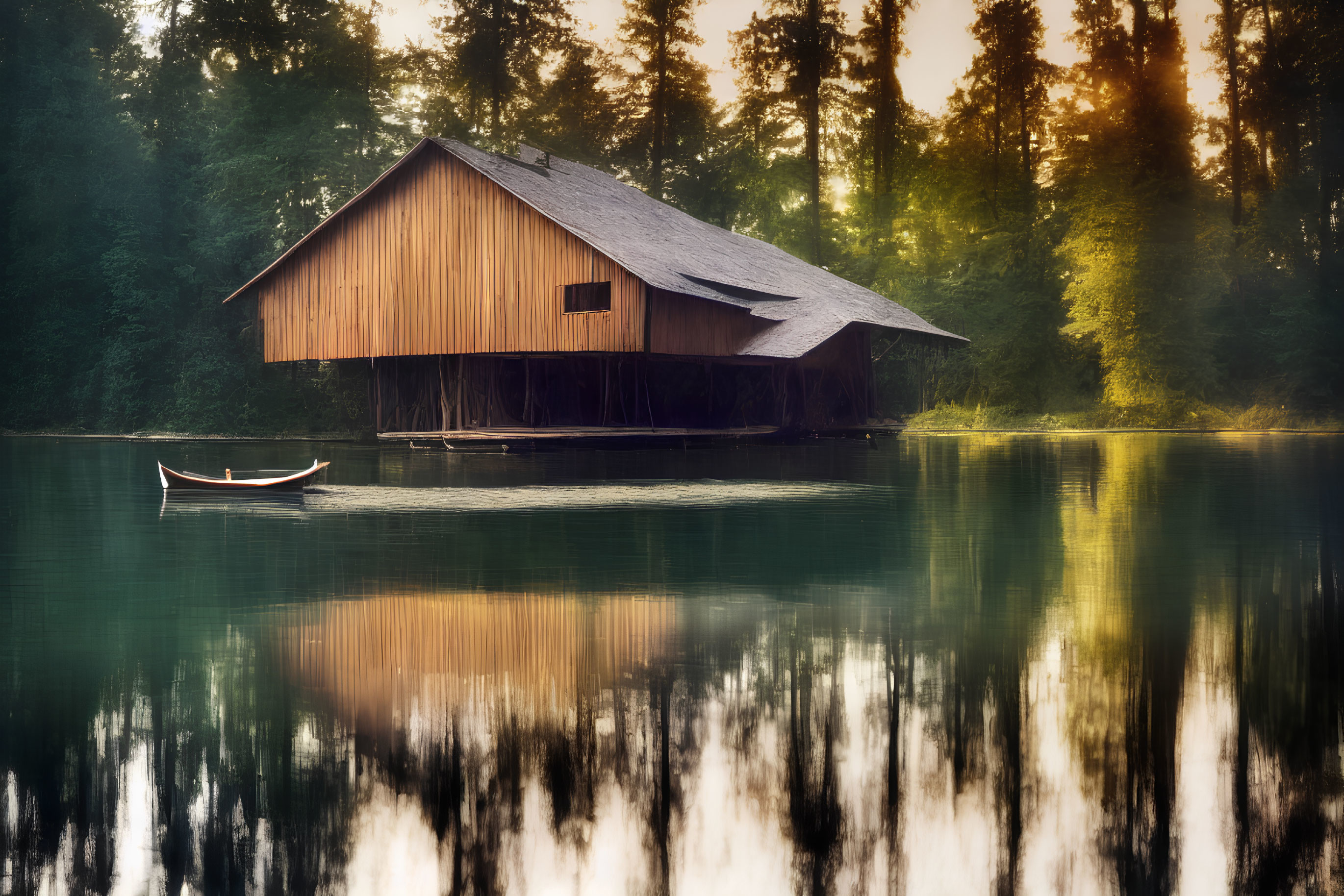 Tranquil lakeside scene with boathouse, trees, and rowboat at dusk