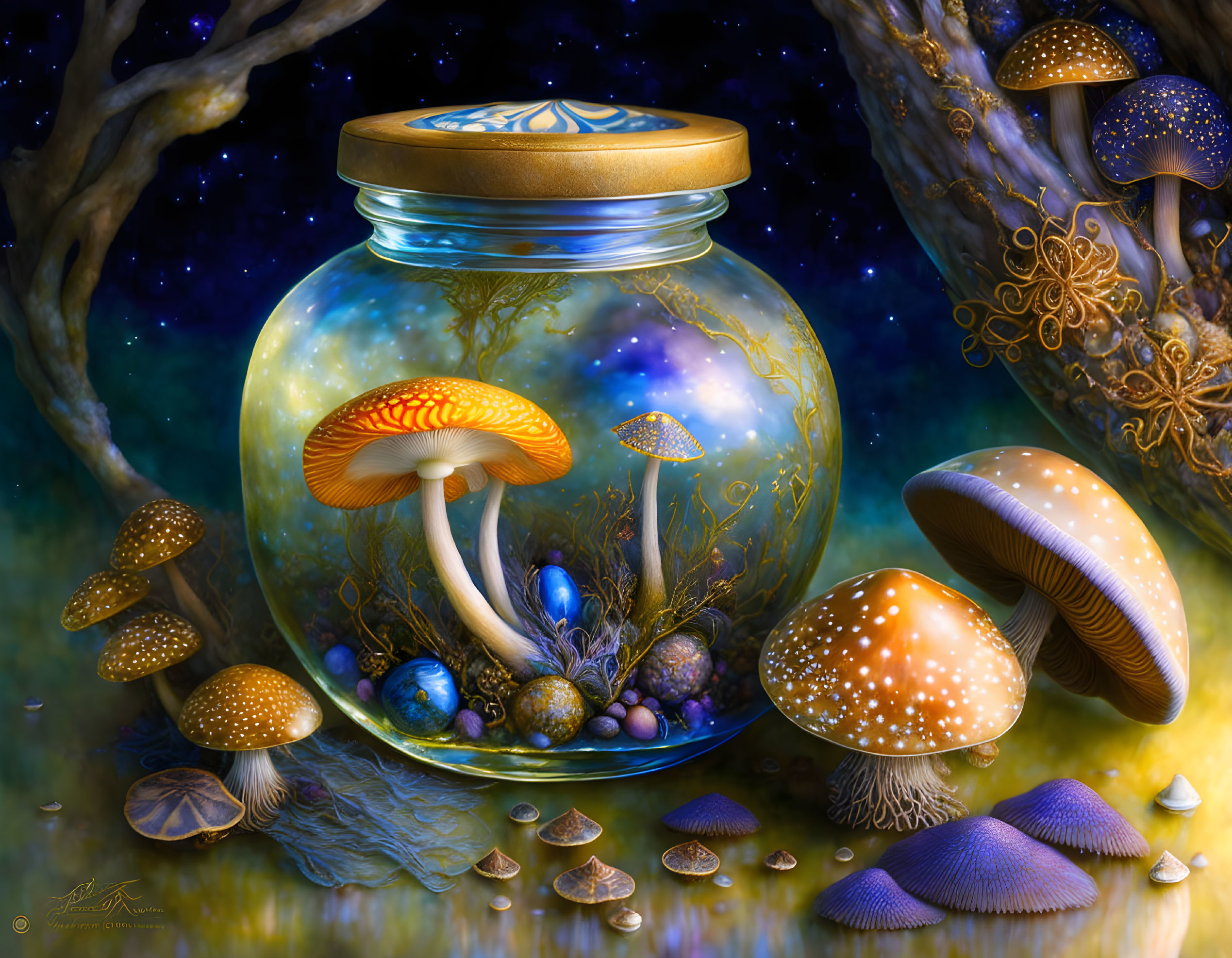 Fantastical glowing mushrooms in glass jar under starry night sky