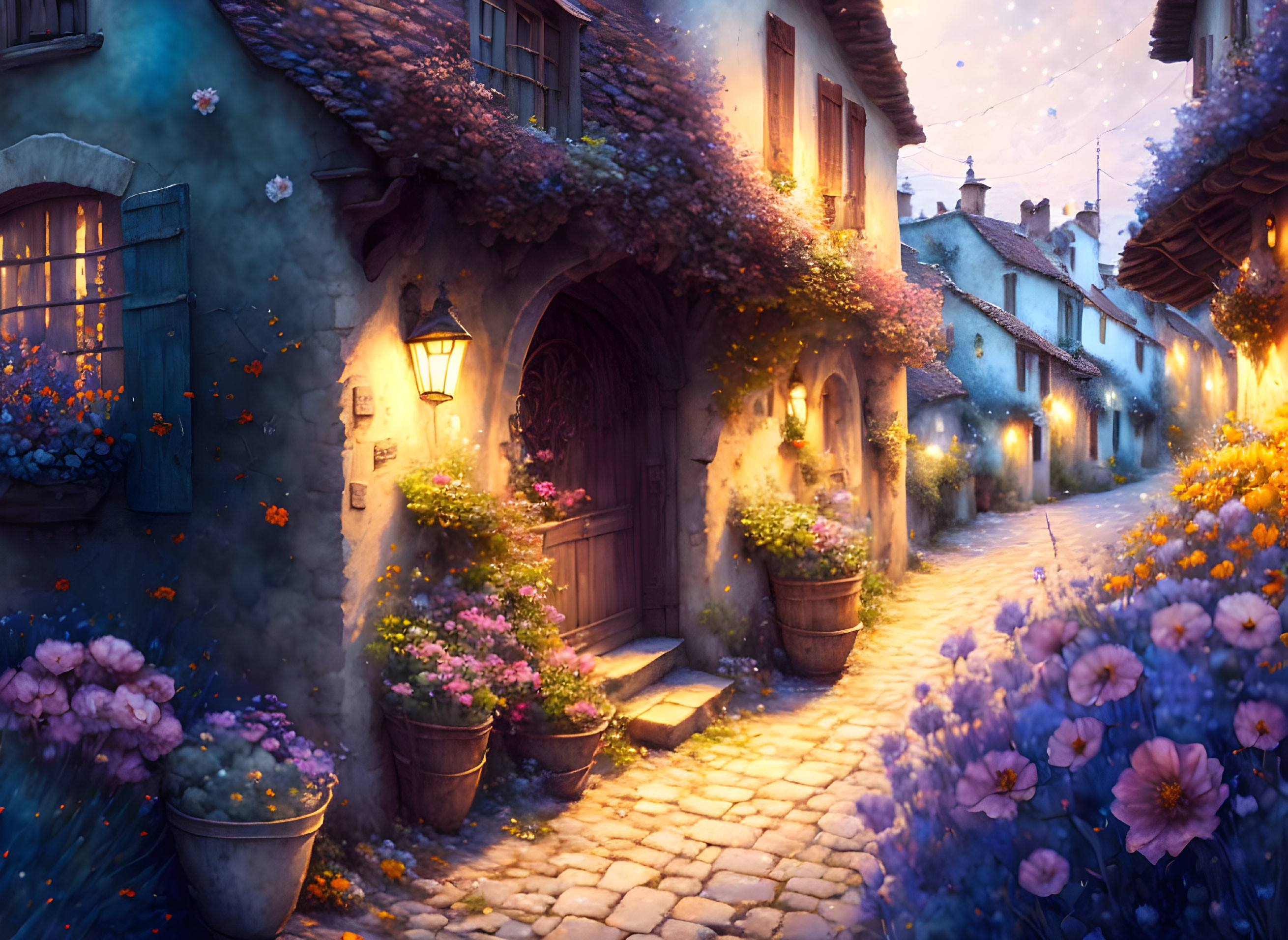 Cobblestone street at dusk with flowering plants and lit street lamps