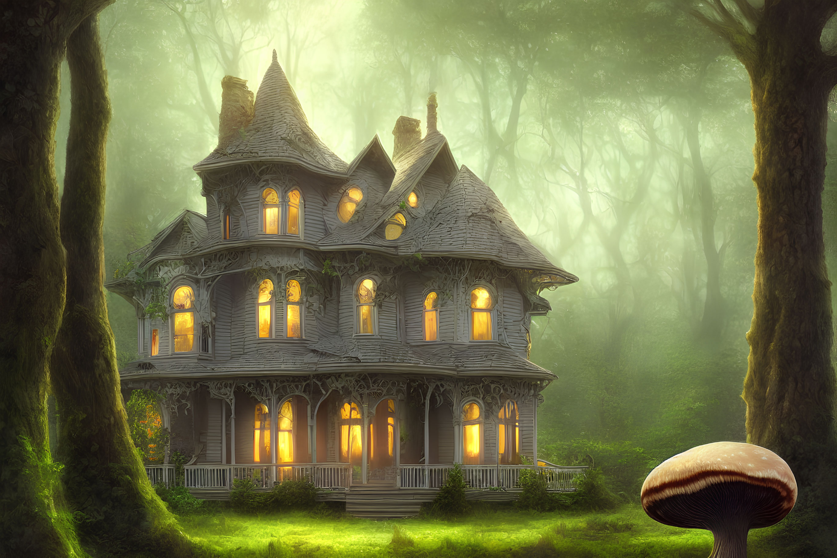 Victorian-style house in mystical forest with warm light and large mushroom