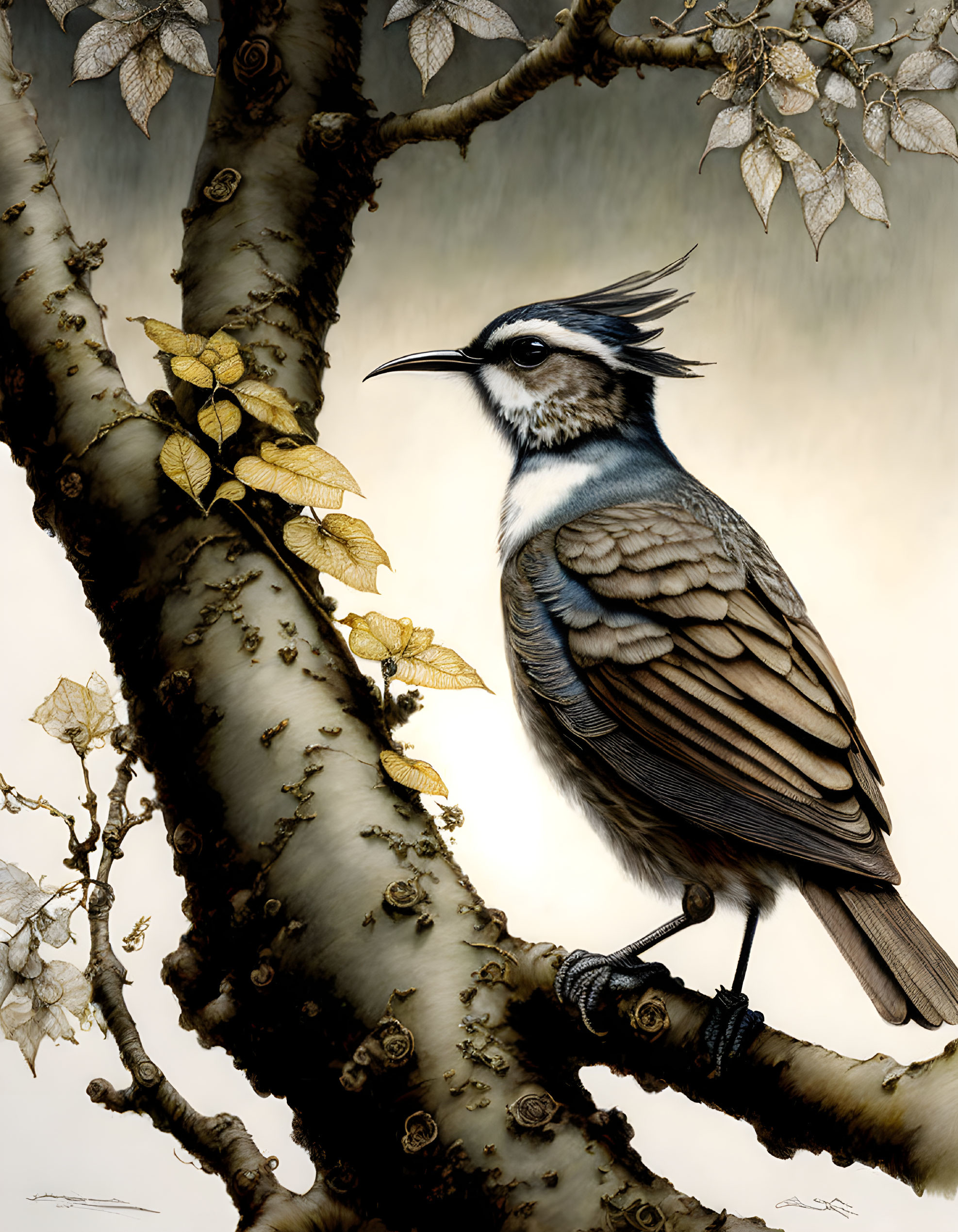 Illustrated bird on branch with delicate leaves and flowers in misty setting