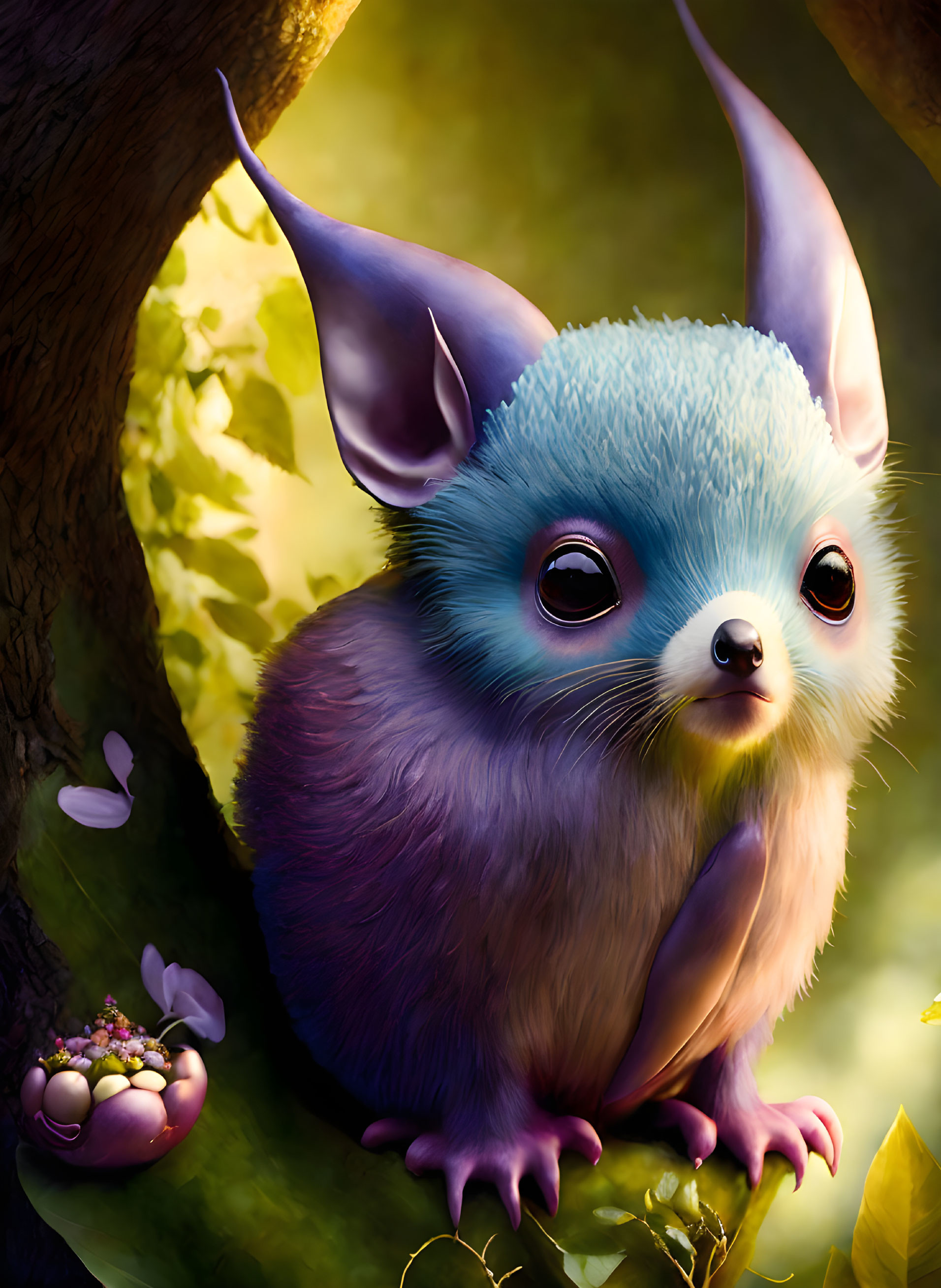 Colorful illustration of fantastical creature in sunny forest