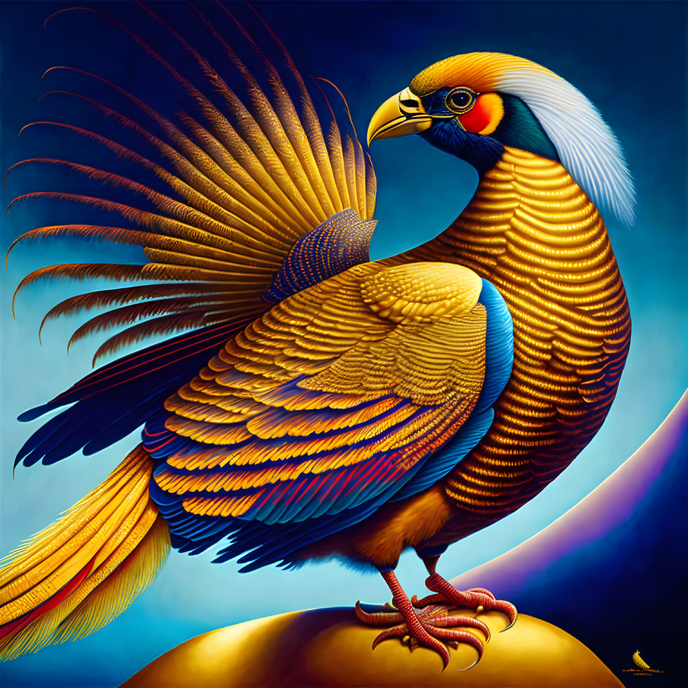 Detailed Digital Artwork of Majestic Golden Pheasant on Golden Sphere