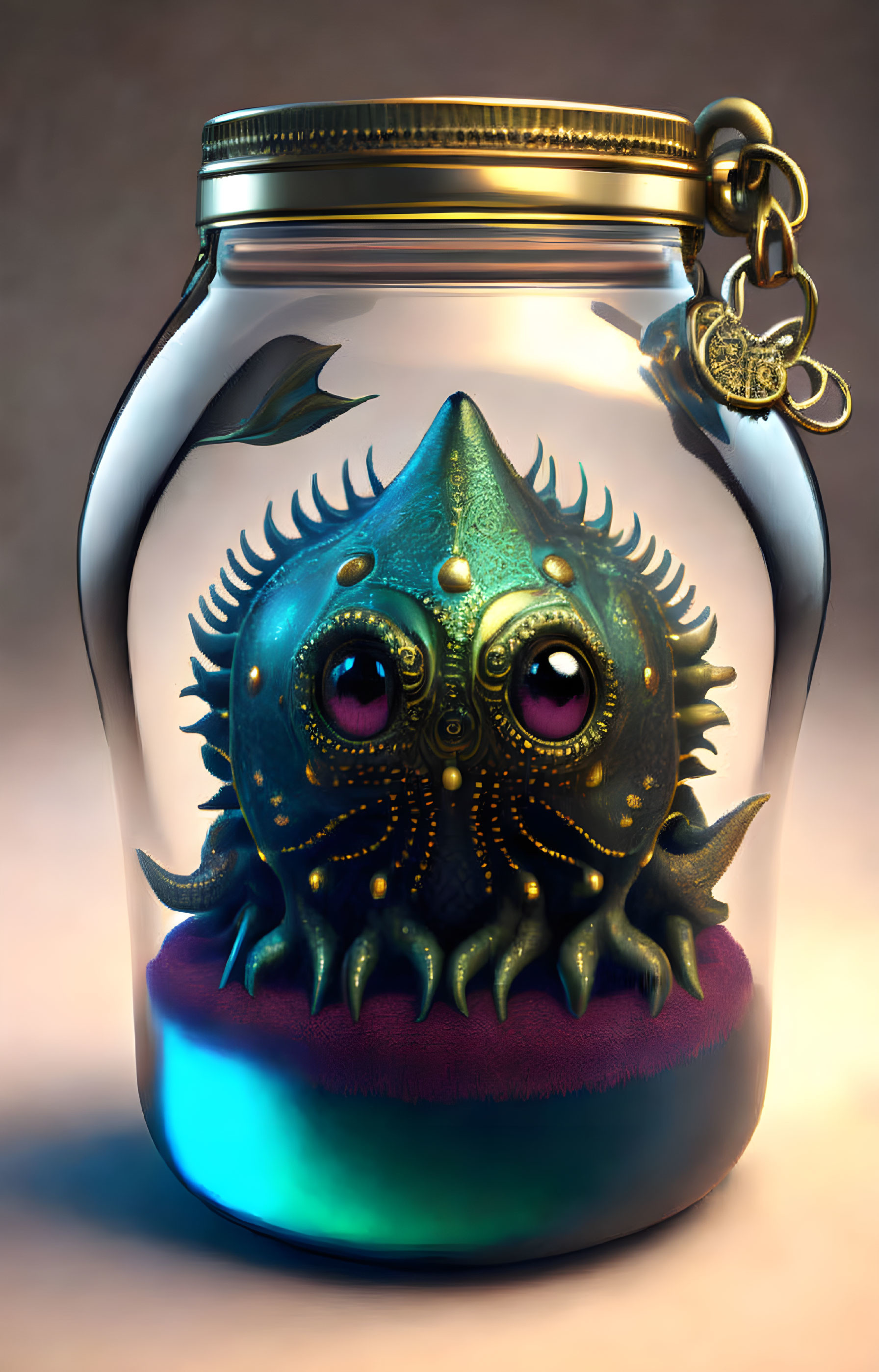 Teal tentacled creature in jar with purple eyes