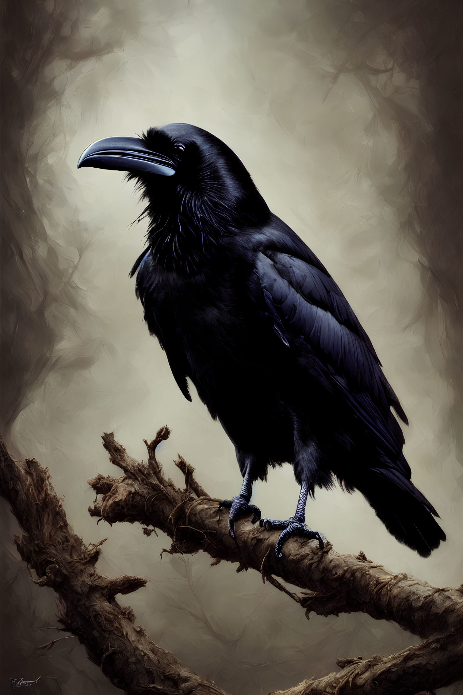 Realistic Raven Illustration on Gnarled Branch