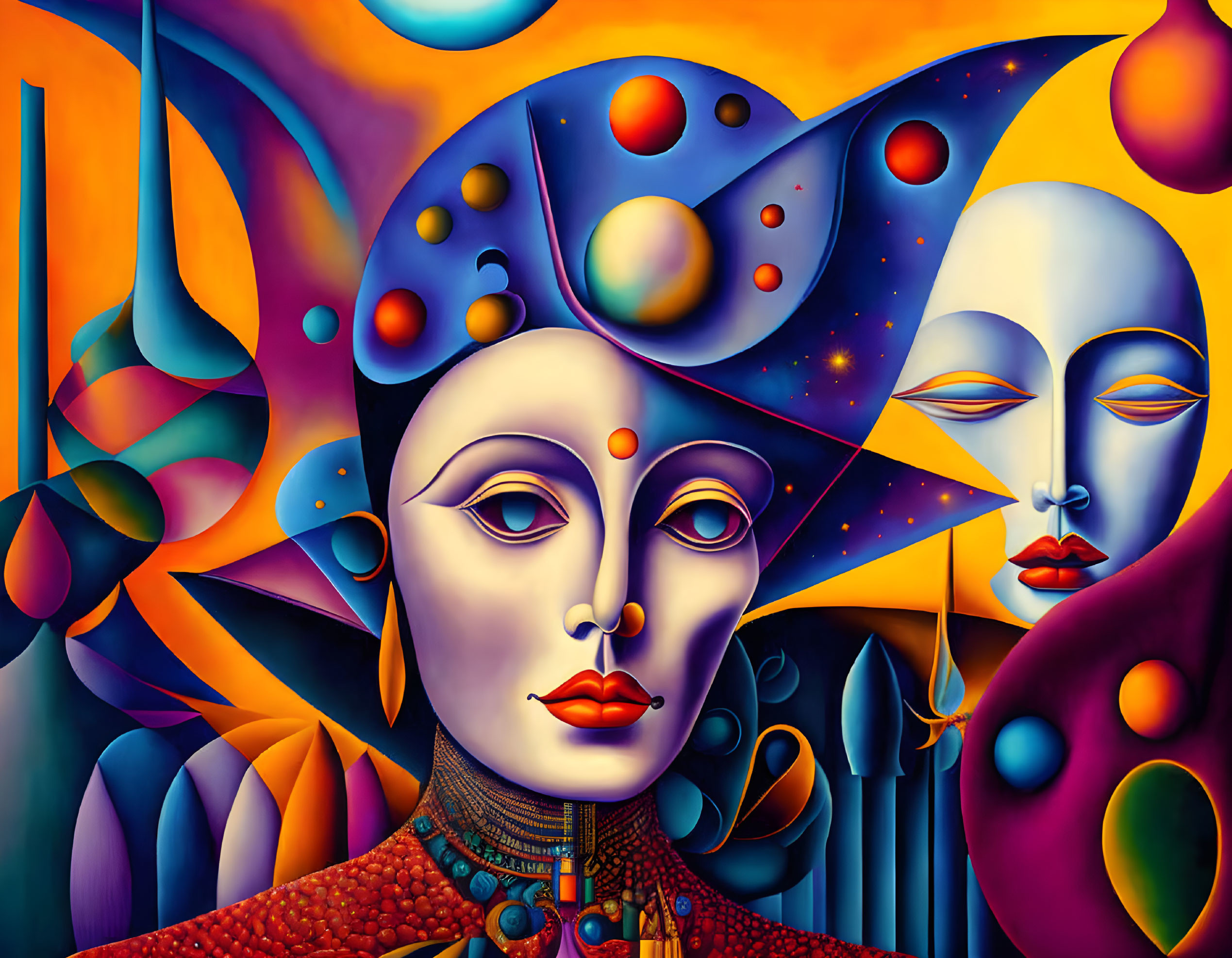 Colorful Abstract Painting with Stylized Faces and Cosmic Motifs