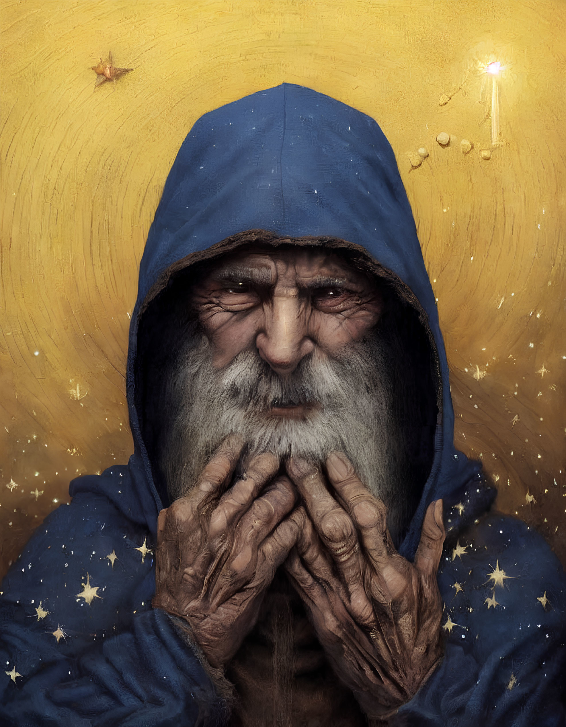 Elderly bearded man in blue star-patterned hood against golden starry backdrop