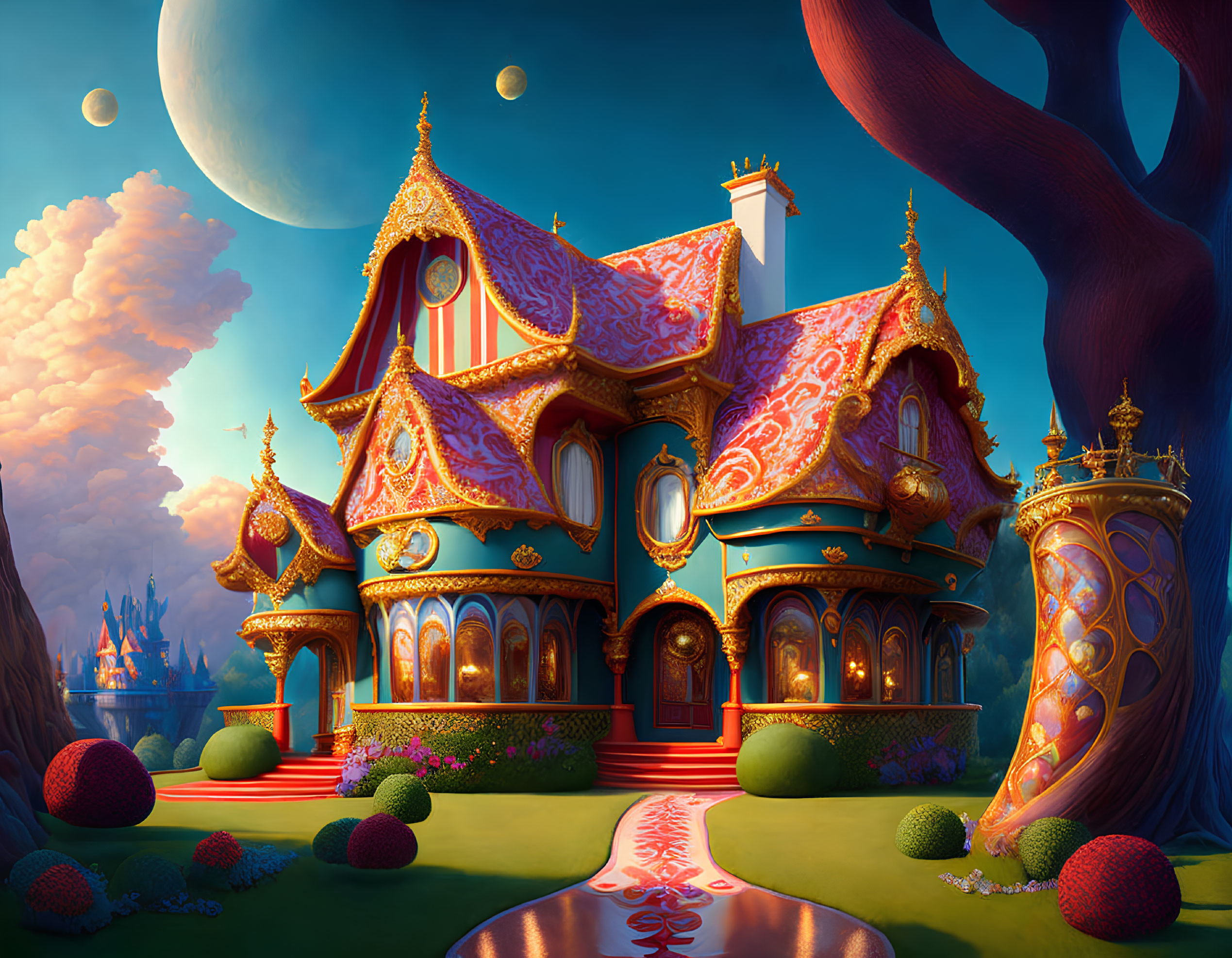 Colorful Fantasy House with Two Moons and Fairy-Tale Castle View