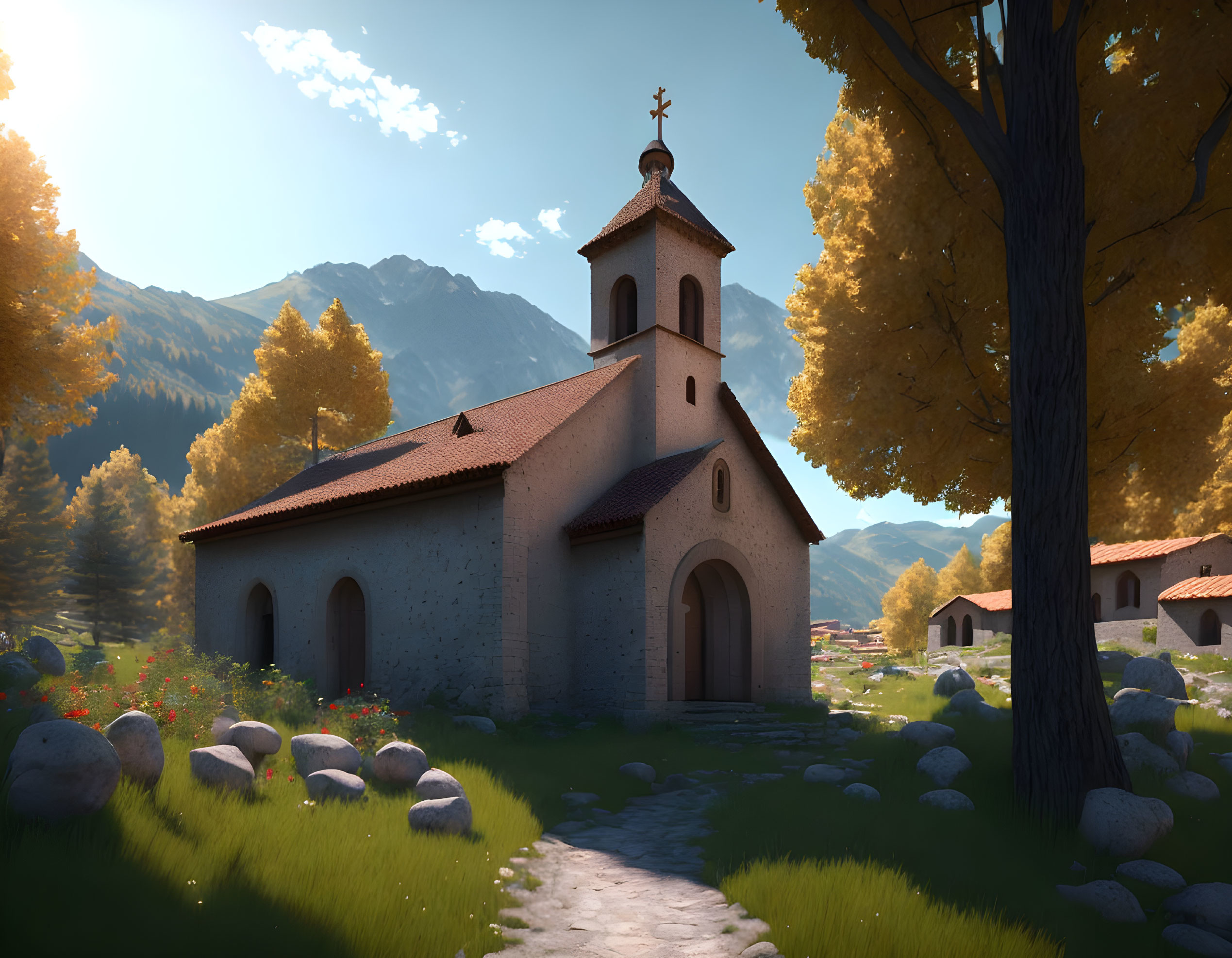 Tranquil church in golden leaf landscape with mountains