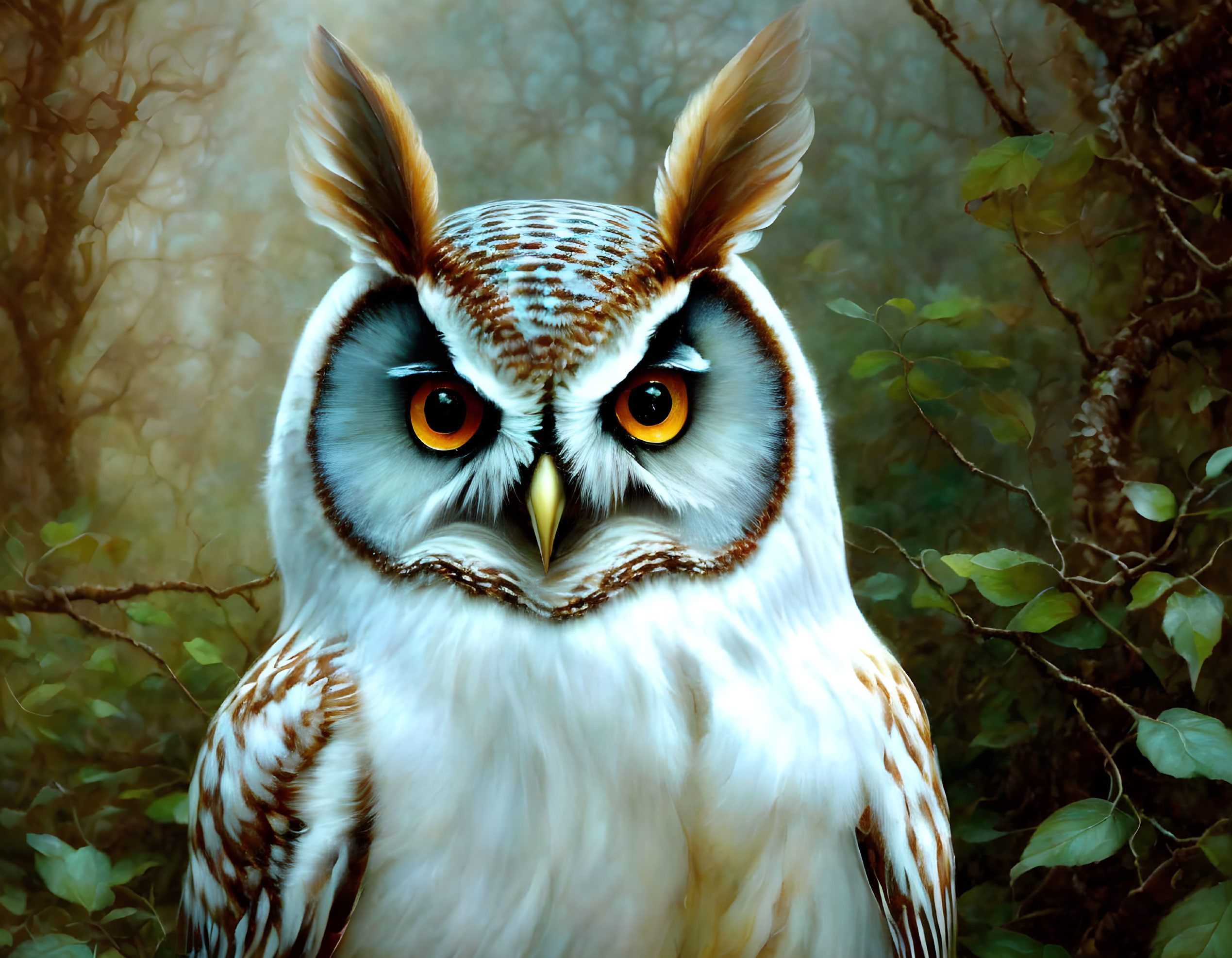 Majestic owl with orange eyes in dense foliage