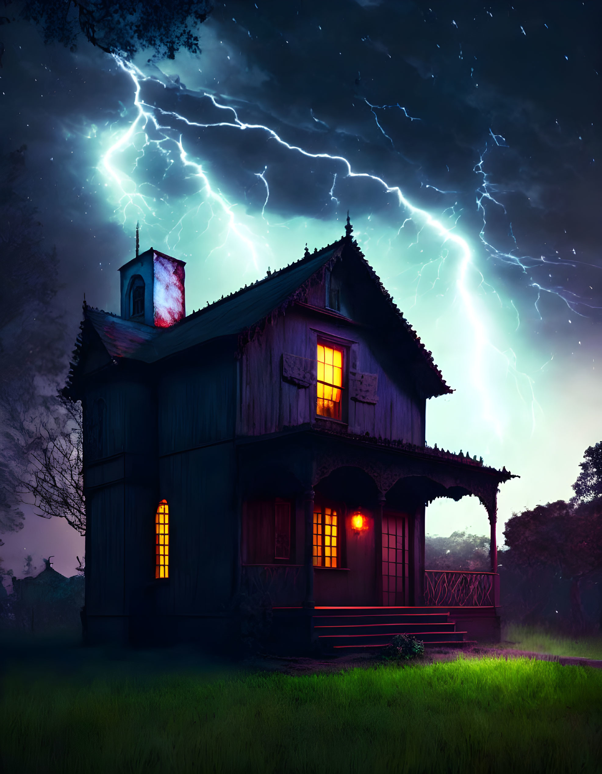 Gothic-style wooden house in stormy night with lightning