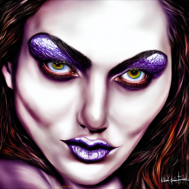 Digital artwork featuring woman with yellow eyes, purple makeup, and unique skin tones