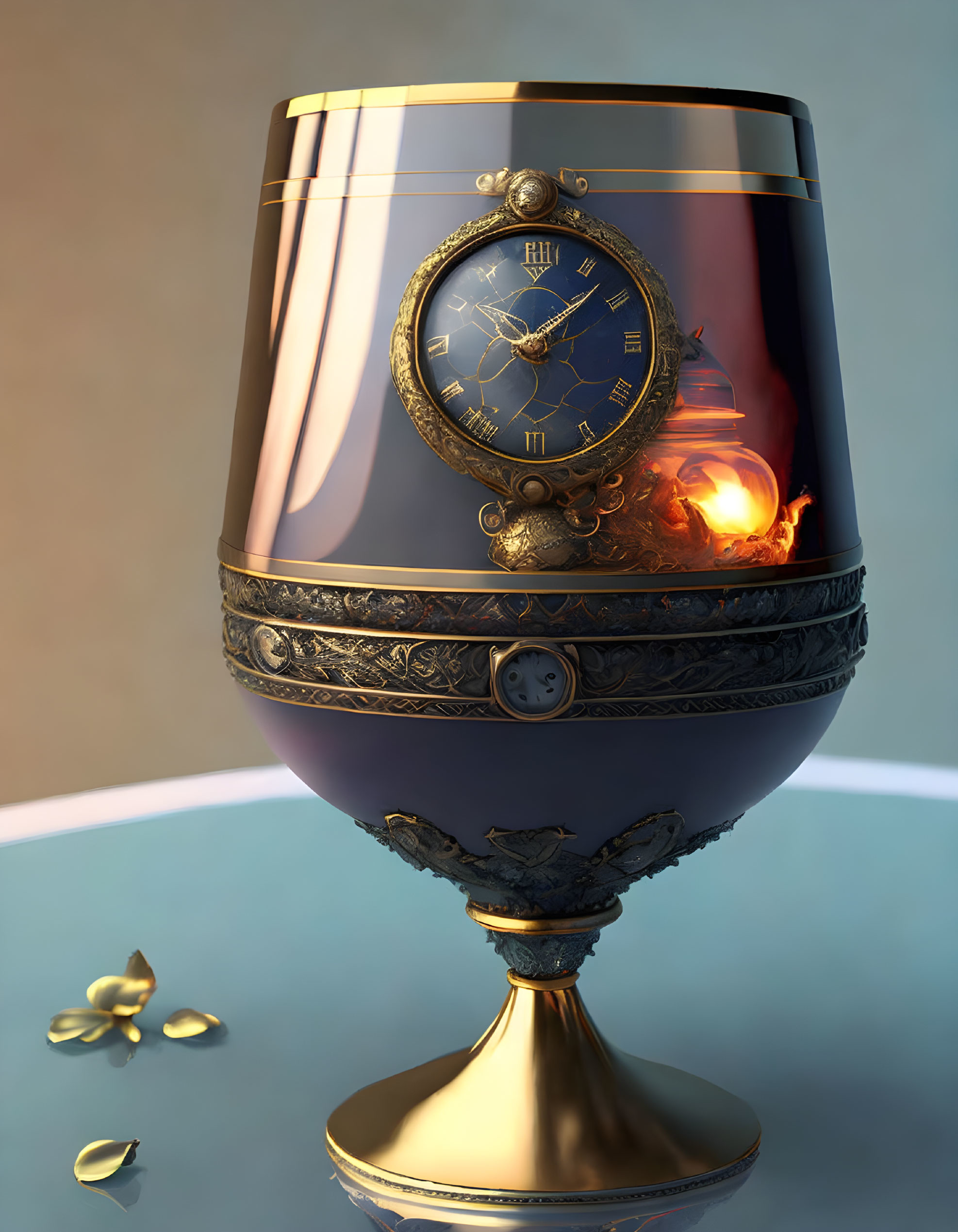 Surreal digital artwork of goblet with clock face and fireplace