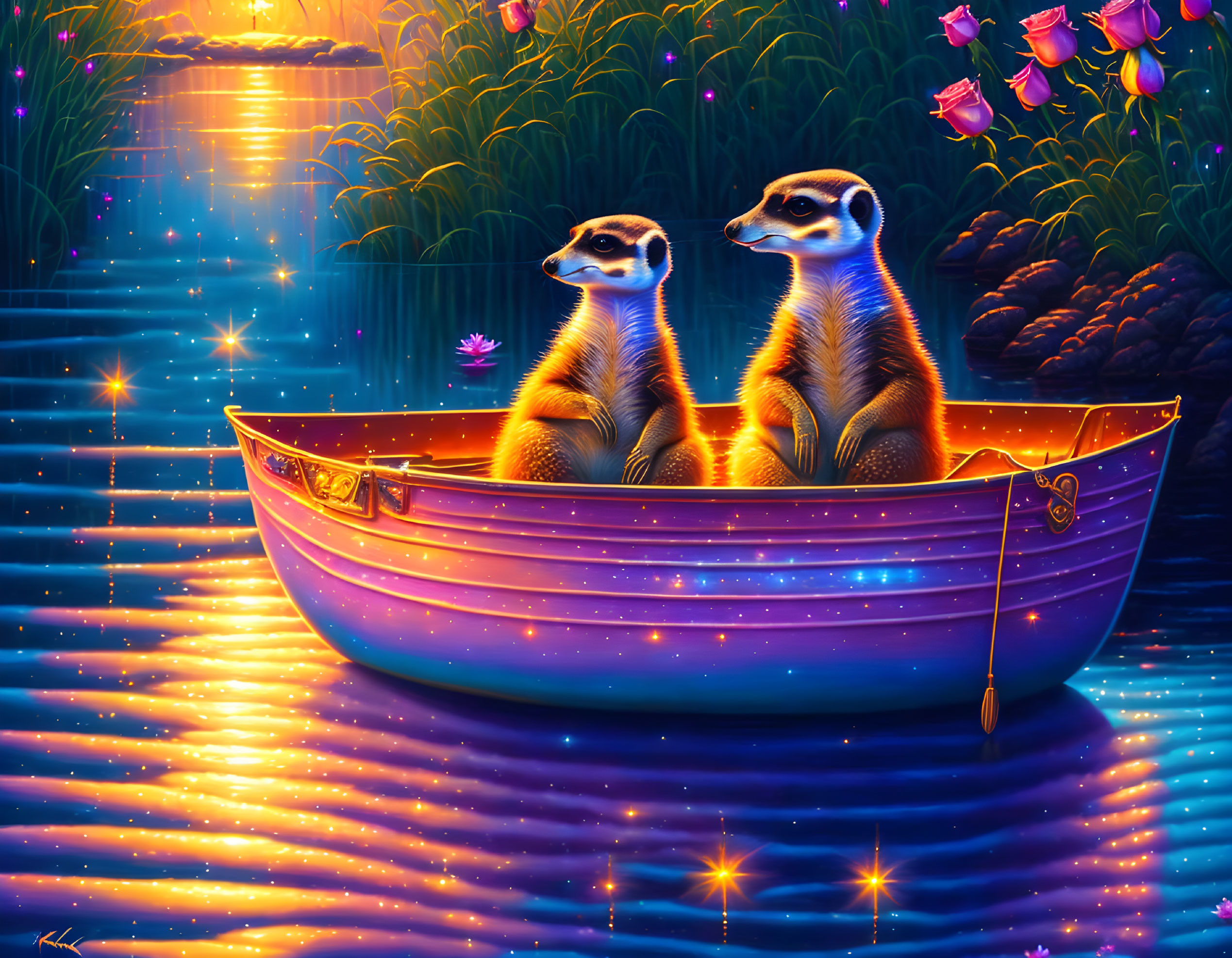 Meerkats in glowing boat on magical starry water scene