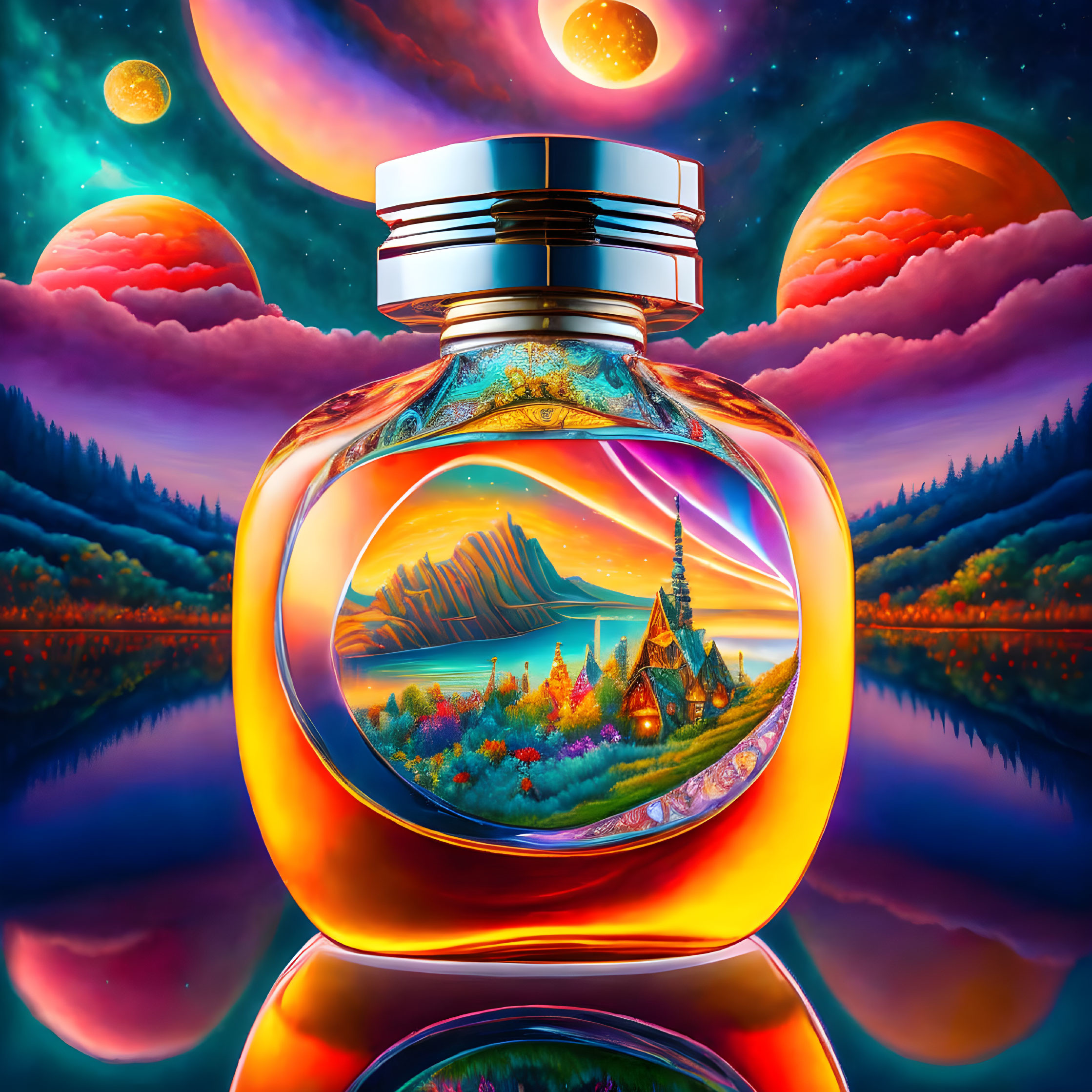 Translucent perfume bottle with surreal landscape and cosmic background