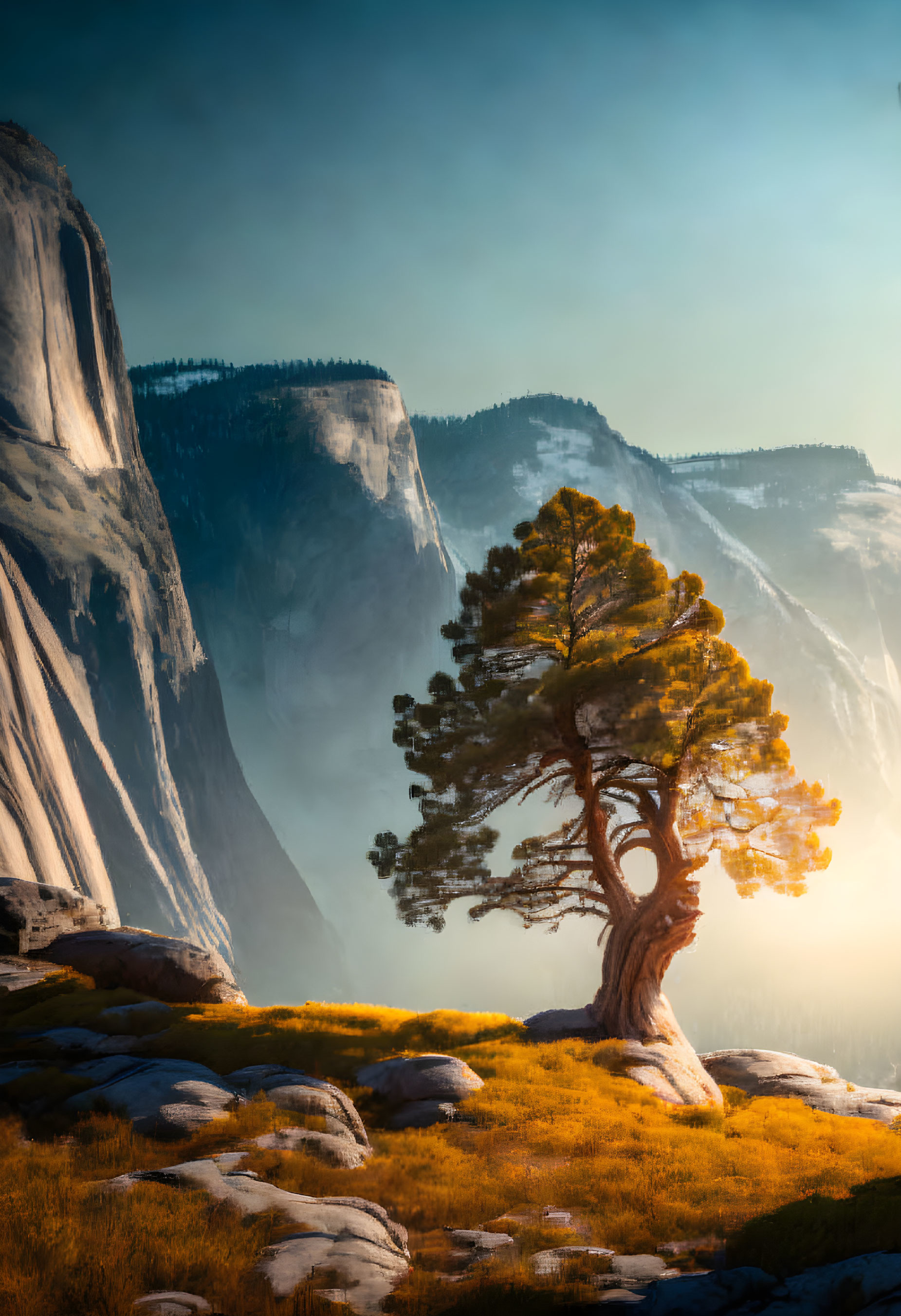 Resilient lone pine tree in golden meadow with sunlit cliffs