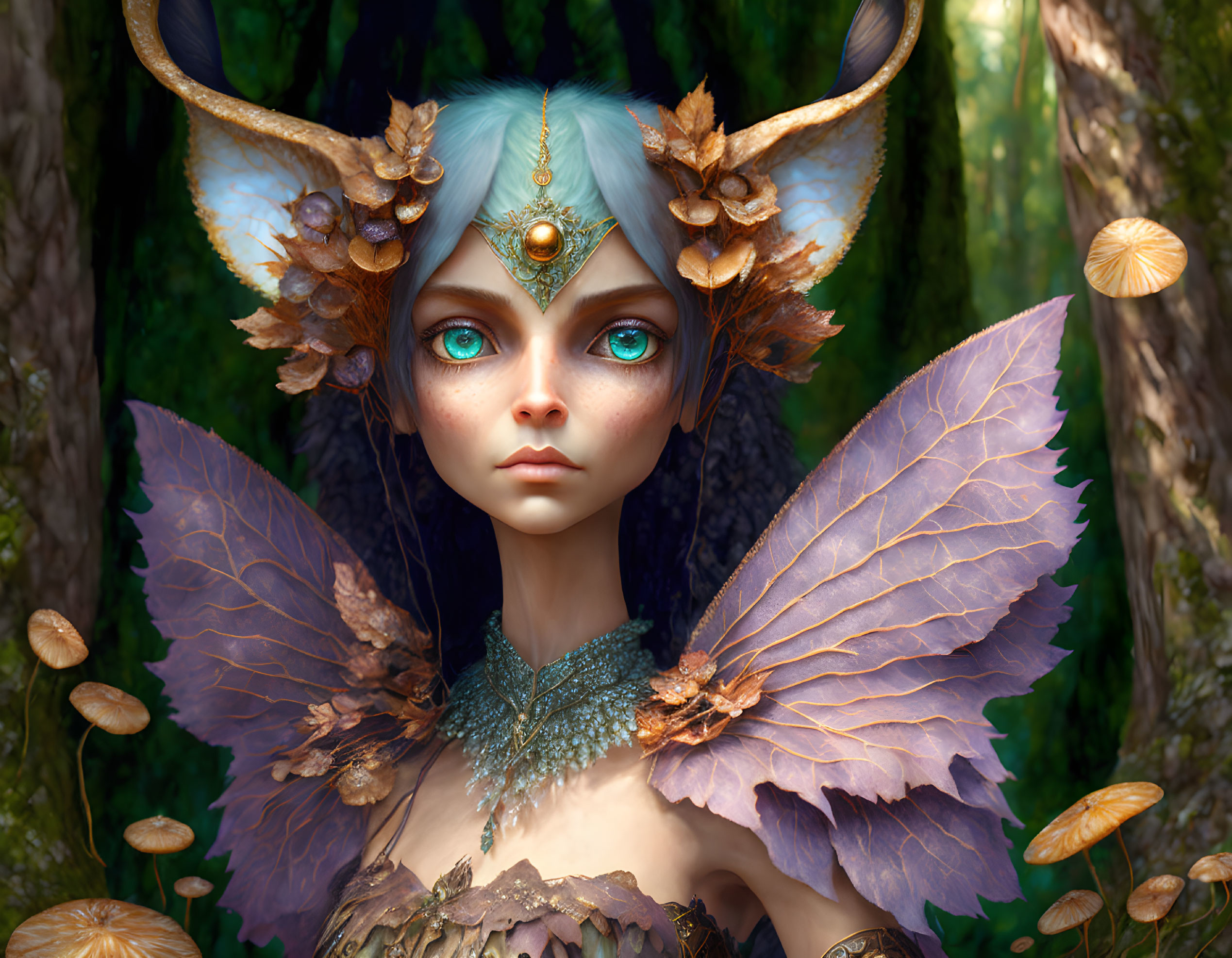 Fantasy character with blue eyes, antler-like horns, leafy wings in enchanted forest