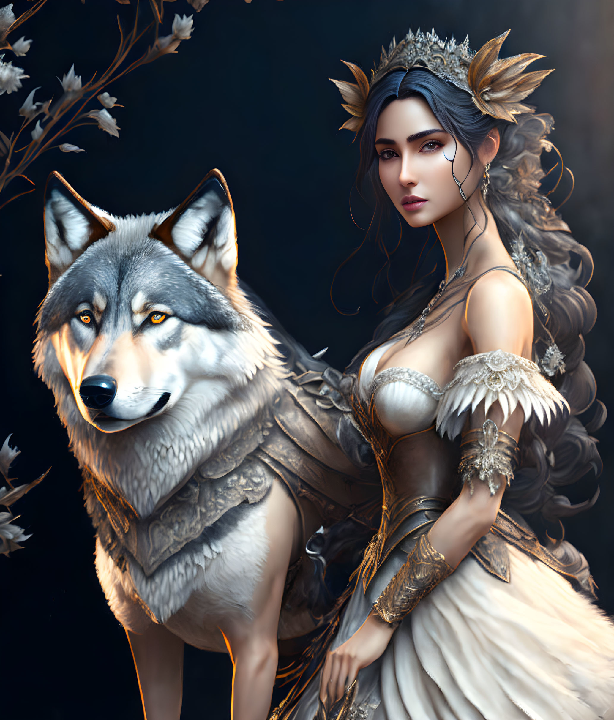 Majestic woman and wolf in regal attire against dark backdrop