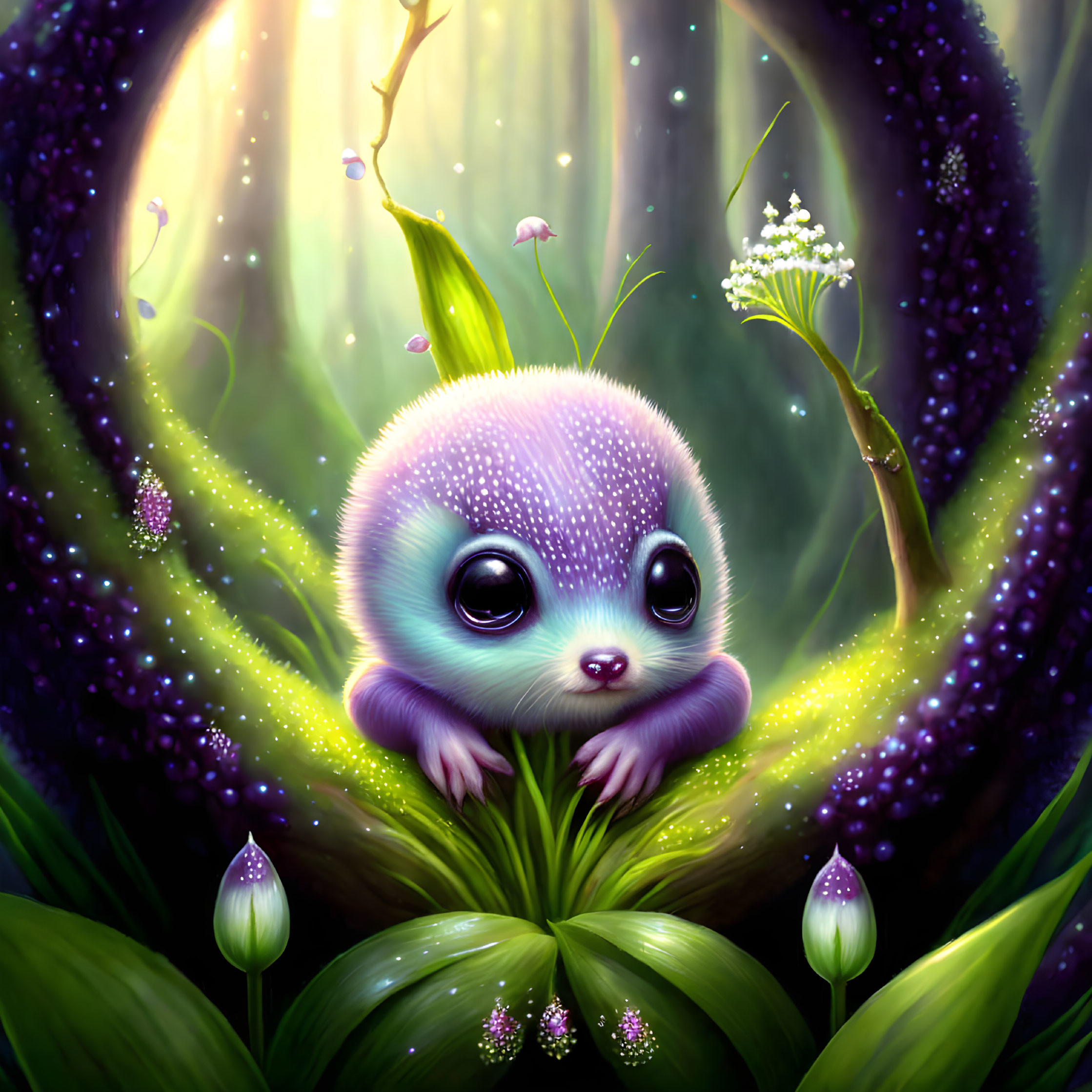 Purple creature resting on leaf in enchanted forest with glowing plants