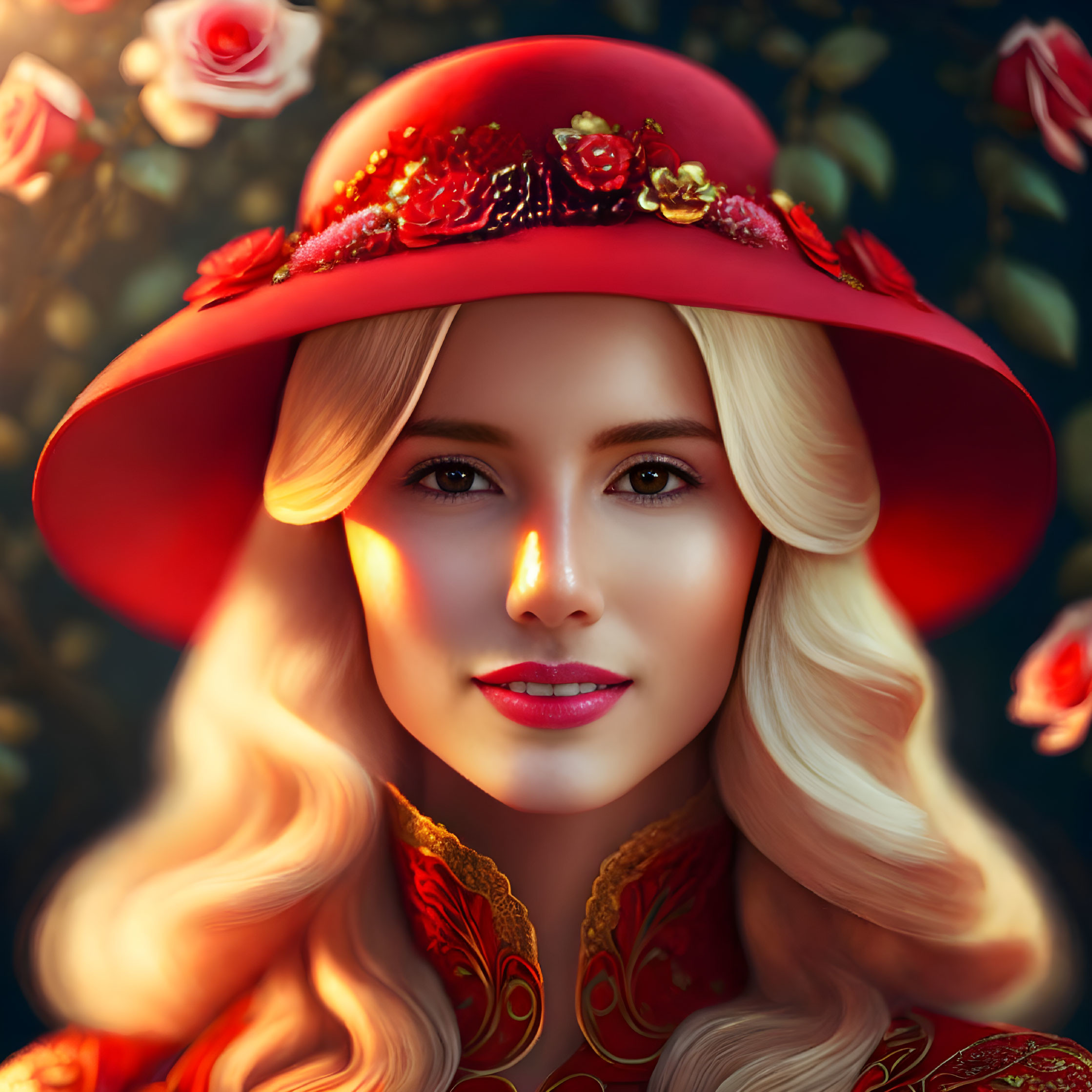 Blonde woman in red flowered hat surrounded by roses