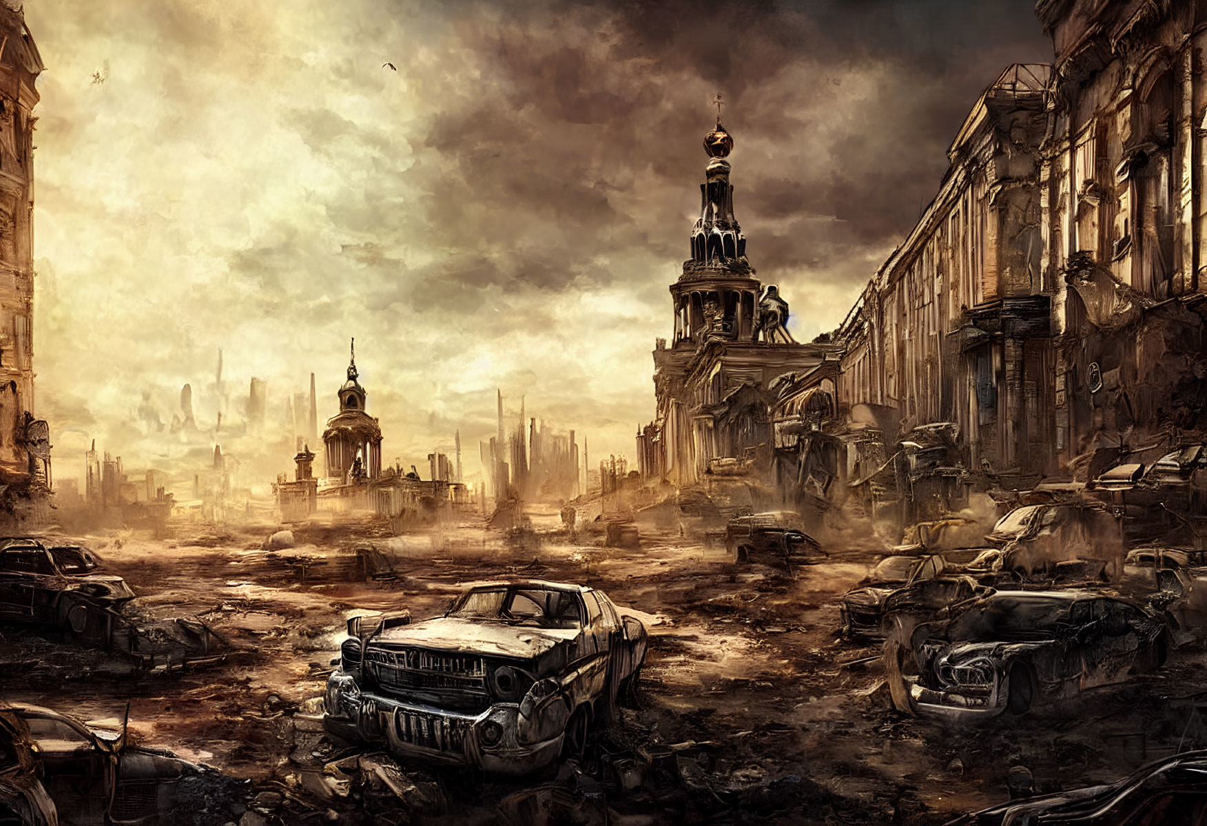 Desolate post-apocalyptic cityscape with abandoned buildings and vehicles