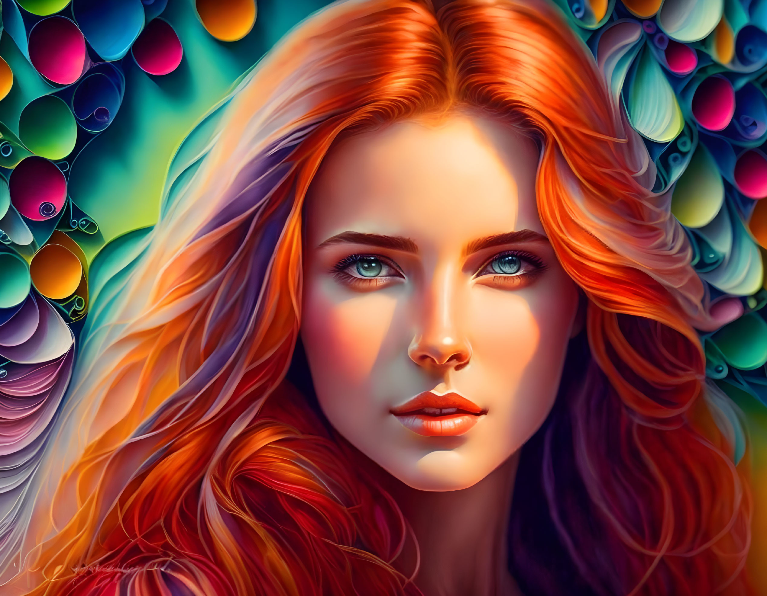 Vibrant red-haired woman with green eyes on colorful bubble background