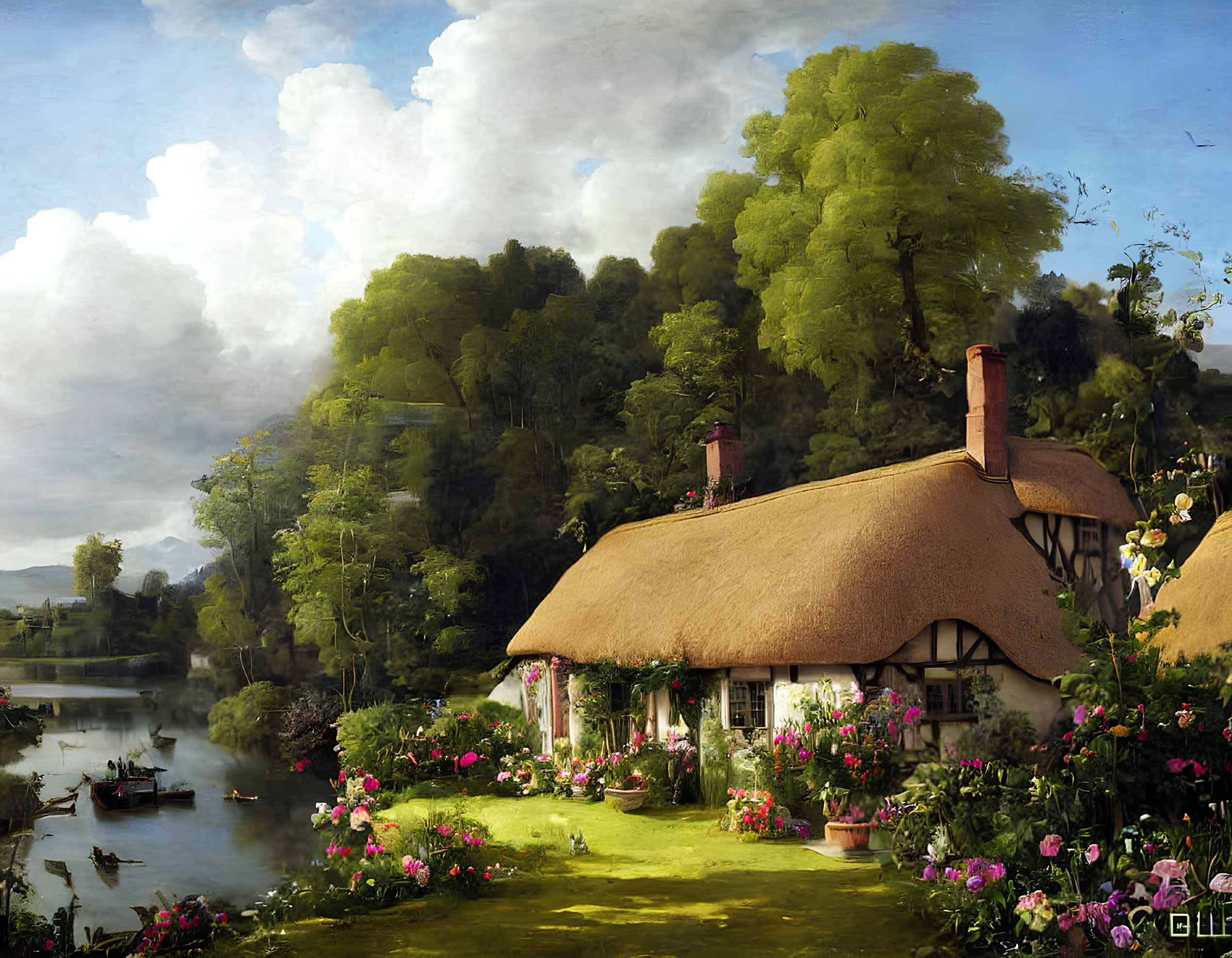 Tranquil landscape: Thatched-roof cottage, lush greenery, river view